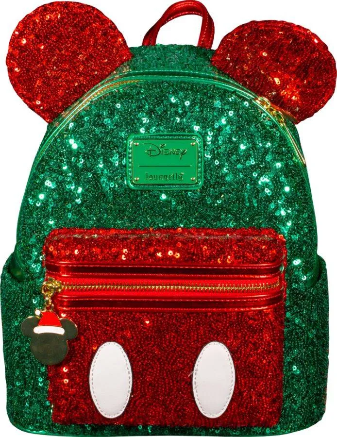 10" Disney - Mickey Christmas Faux Leather Sequin Mini Backpack Bag Loungefly Exclusive