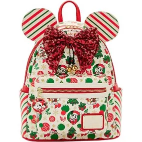 10" Disney - Minnie Christmas Faux Leather Sequin Mini Backpack Bag Loungefly