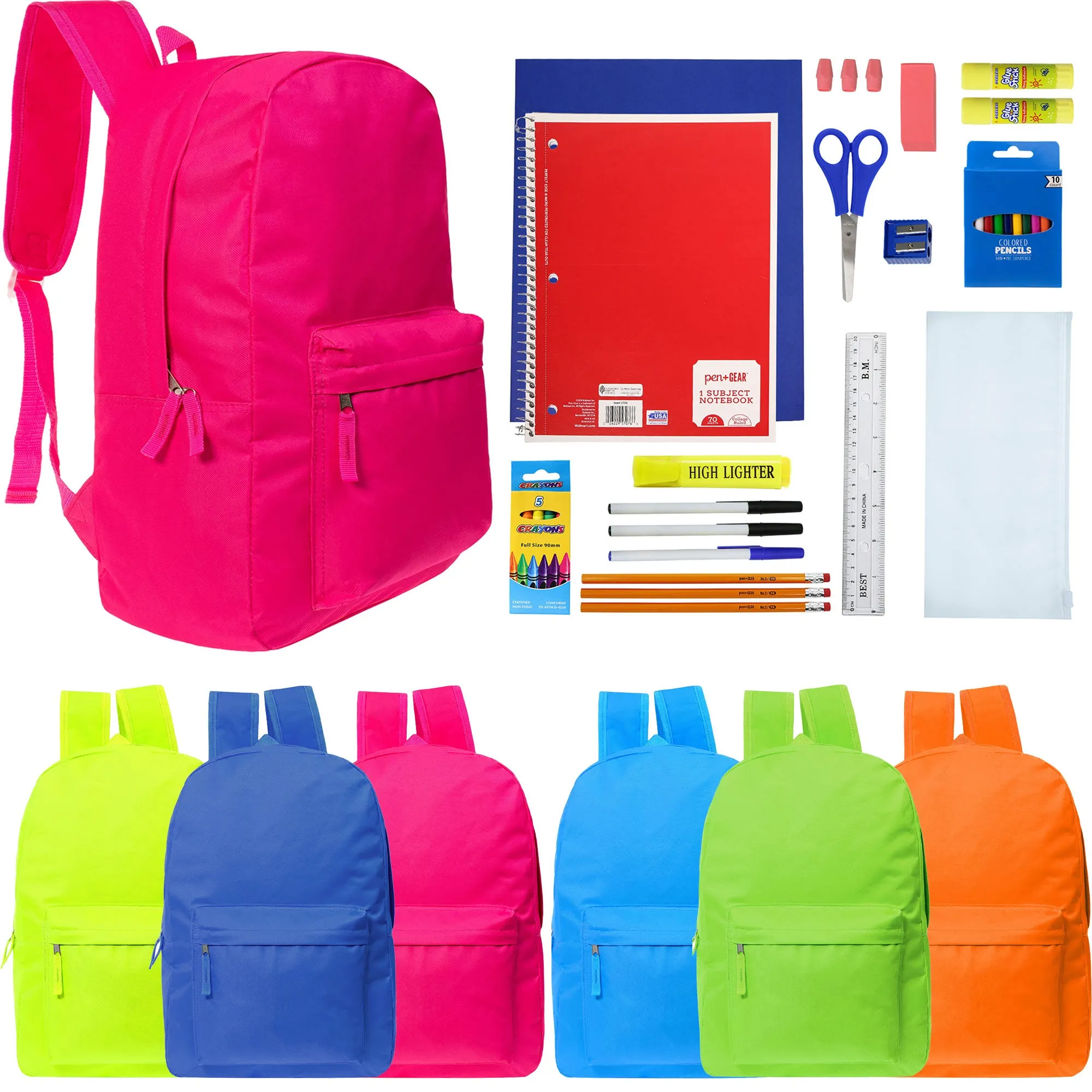 12 Wholesale Backpacks in 6 Bright Colors & 12 Bulk School Supply Kits of Your Choice