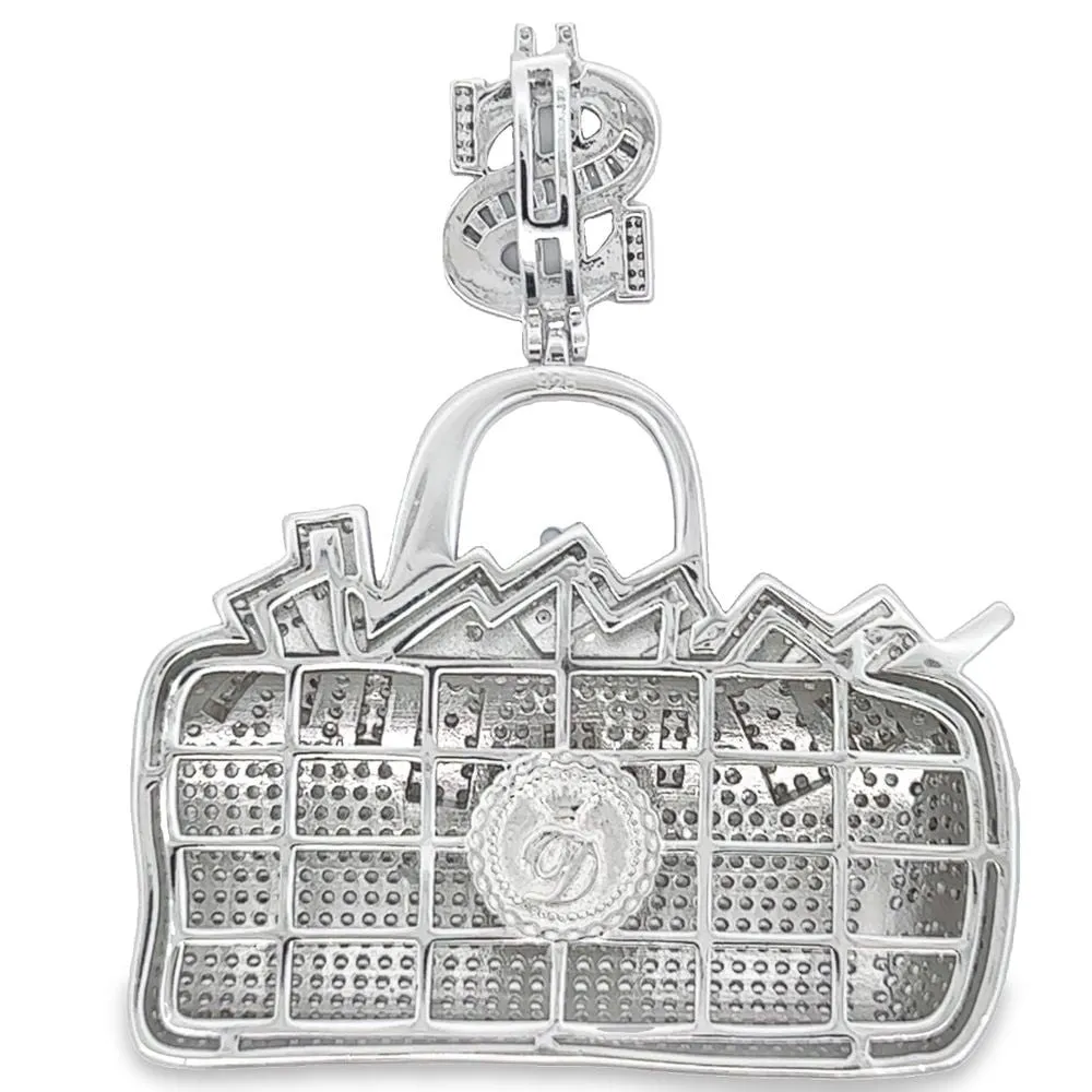 .925 Silver Money Filled Duffle Bag CZ Iced Out Pendant