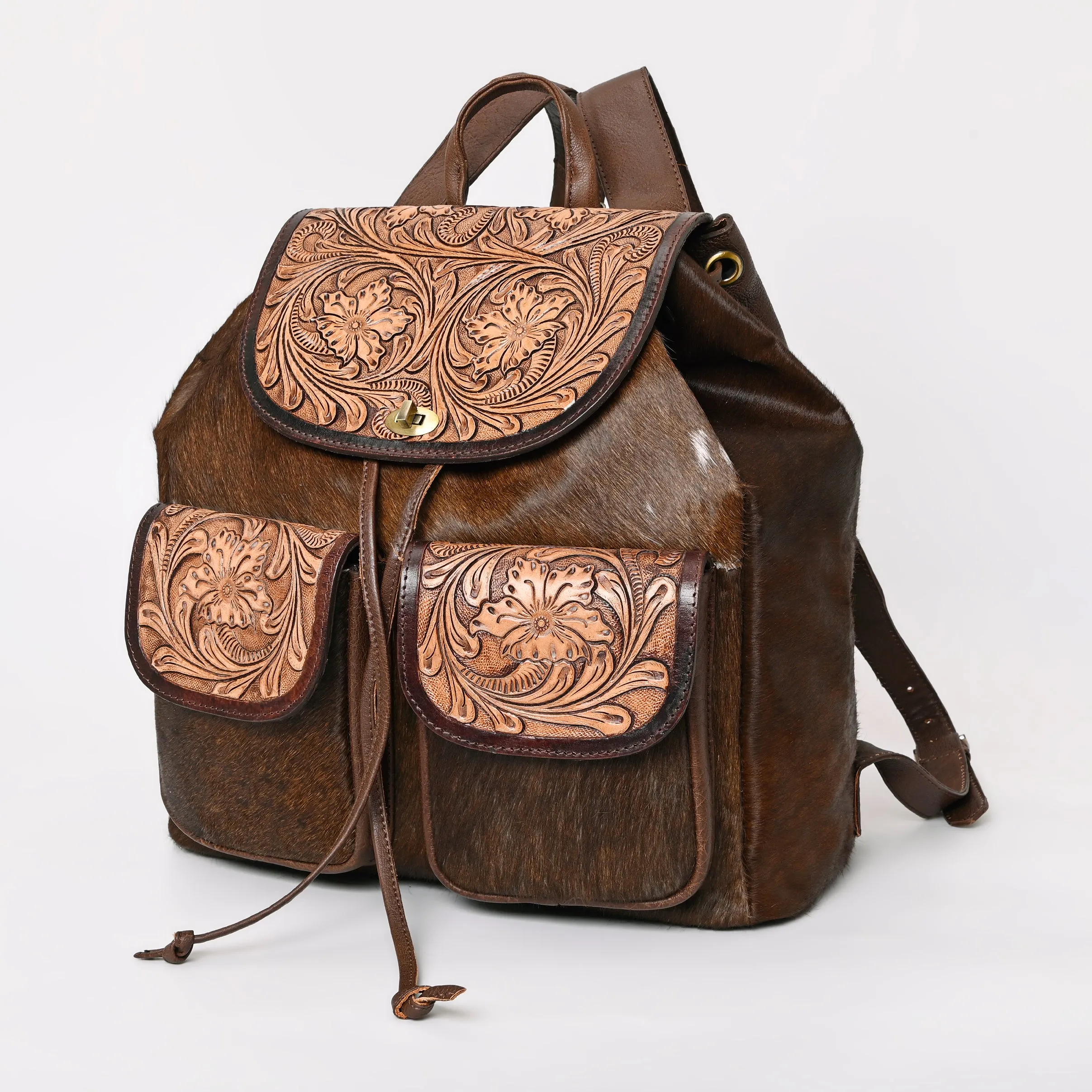 A&A-873  Montana West Genuine Hair-On Cowhide Leather Hand Tooled Collection Backpack