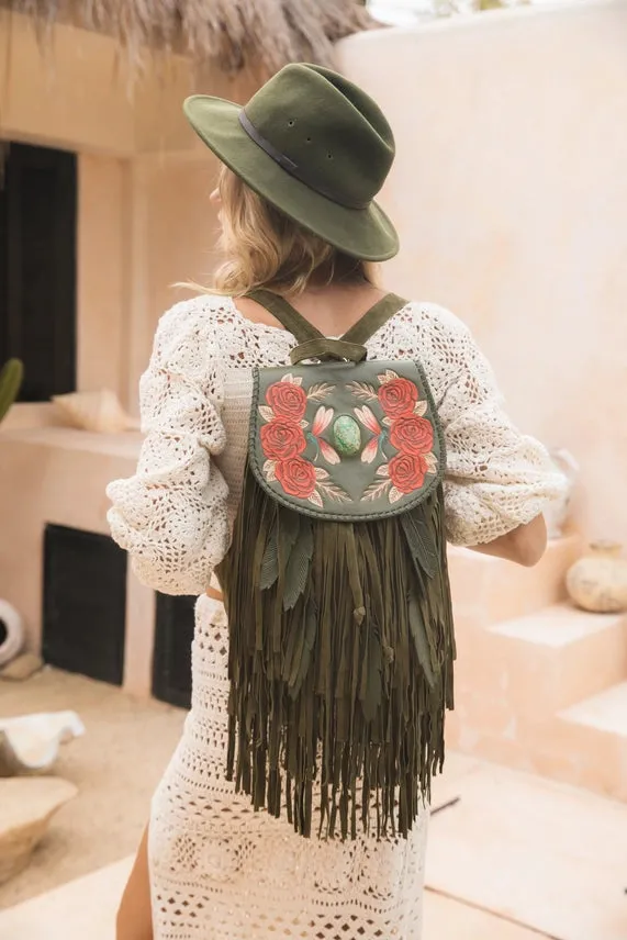 Akaroa Rose Bohemian Tooled Fringe Backpack