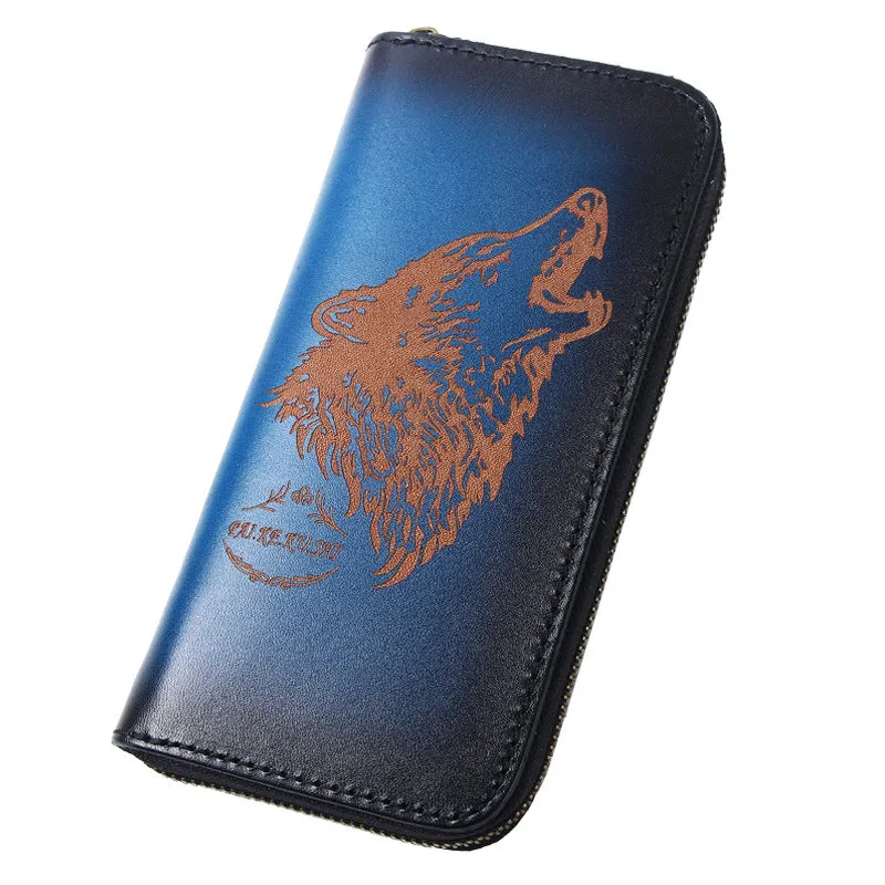 Around Zip Black Leather Long Wallet Mens Wolf Zipper Clutch Wallet for Men