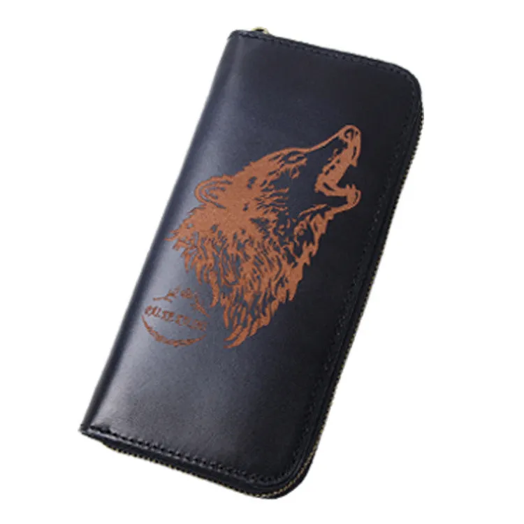 Around Zip Black Leather Long Wallet Mens Wolf Zipper Clutch Wallet for Men