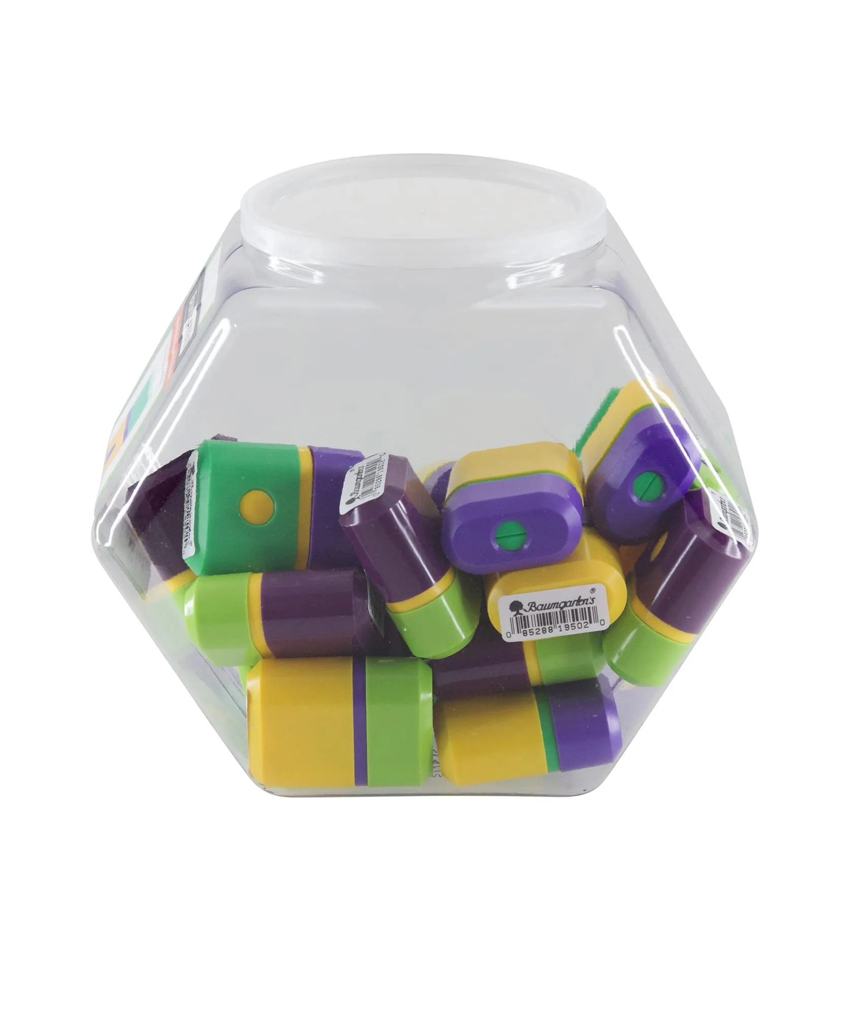 Baumgartens Pencil Sharpeners Button Release Single Hole Hexagonal Tub Display of 25 ASSORTED Colors (19509)