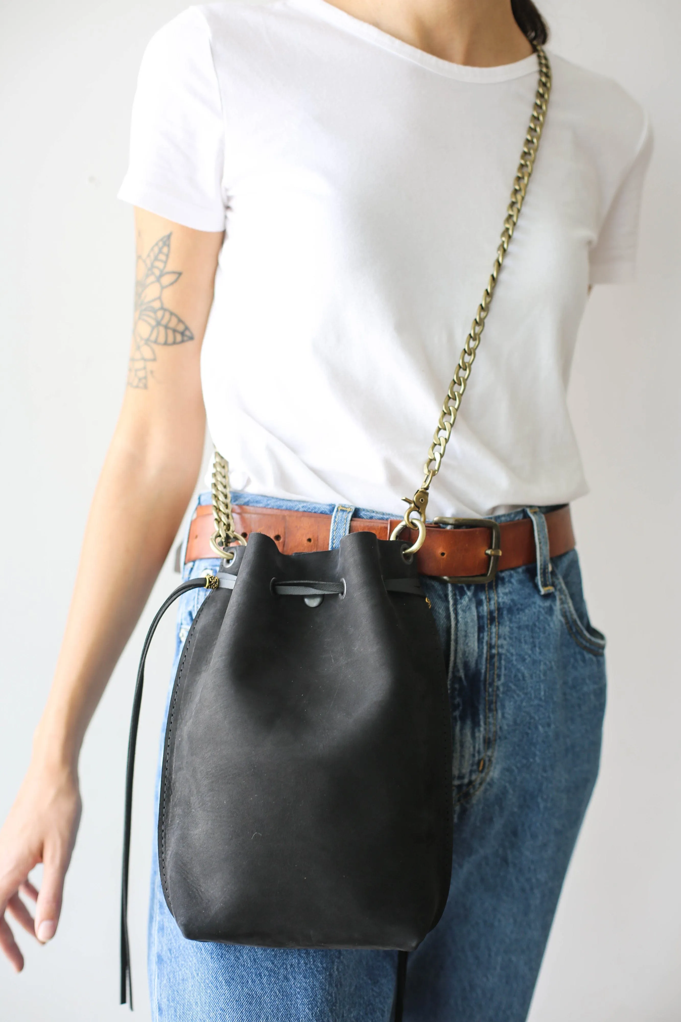 Black Nubuck Bucket Bag w/Drawstrings