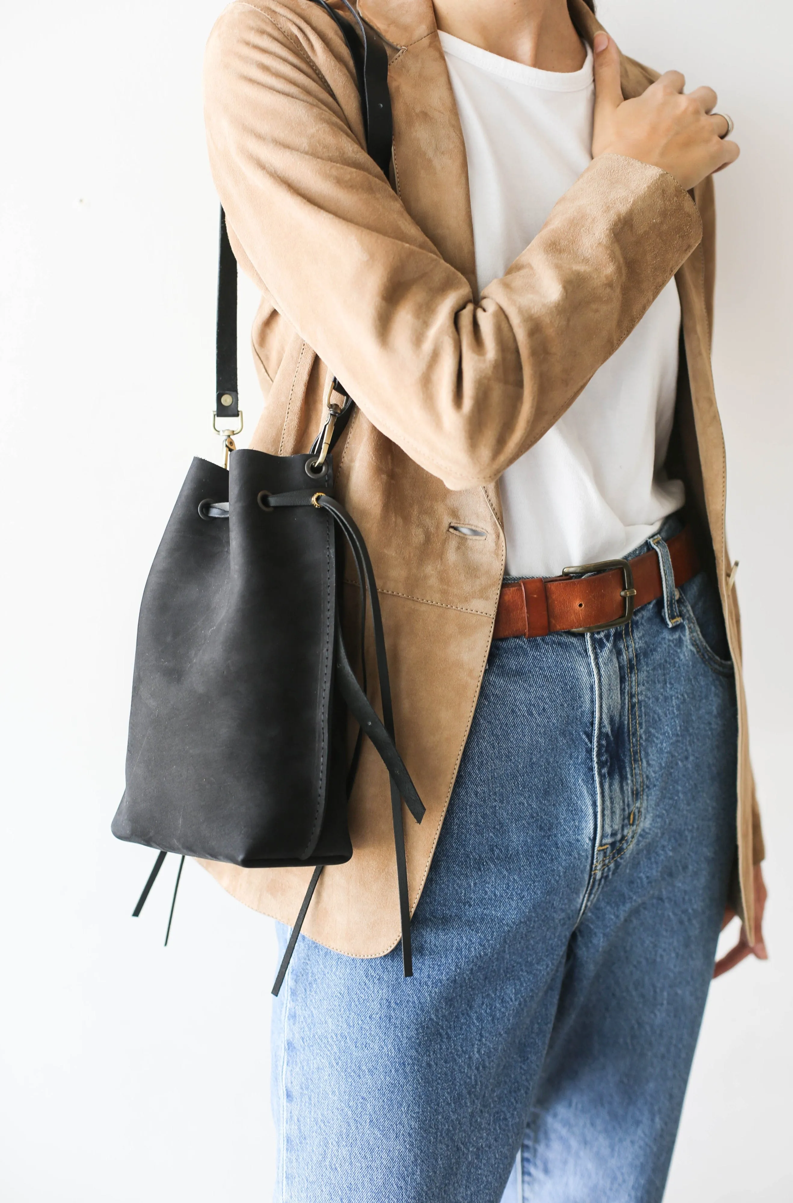 Black Nubuck Bucket Bag w/Drawstrings