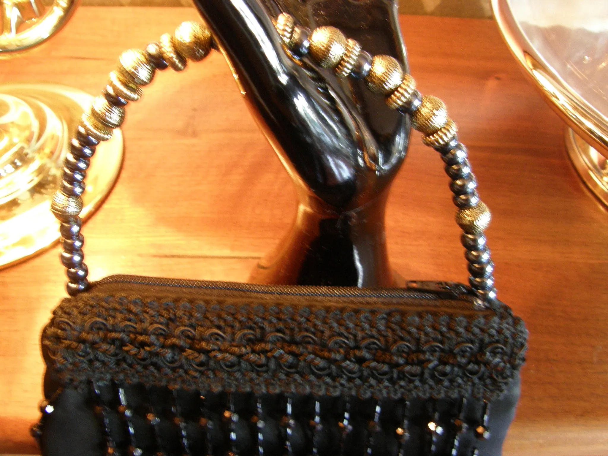 Black Satin Evening Bag with Beaded Fringe