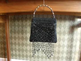 Black Satin Evening Bag with Beaded Fringe