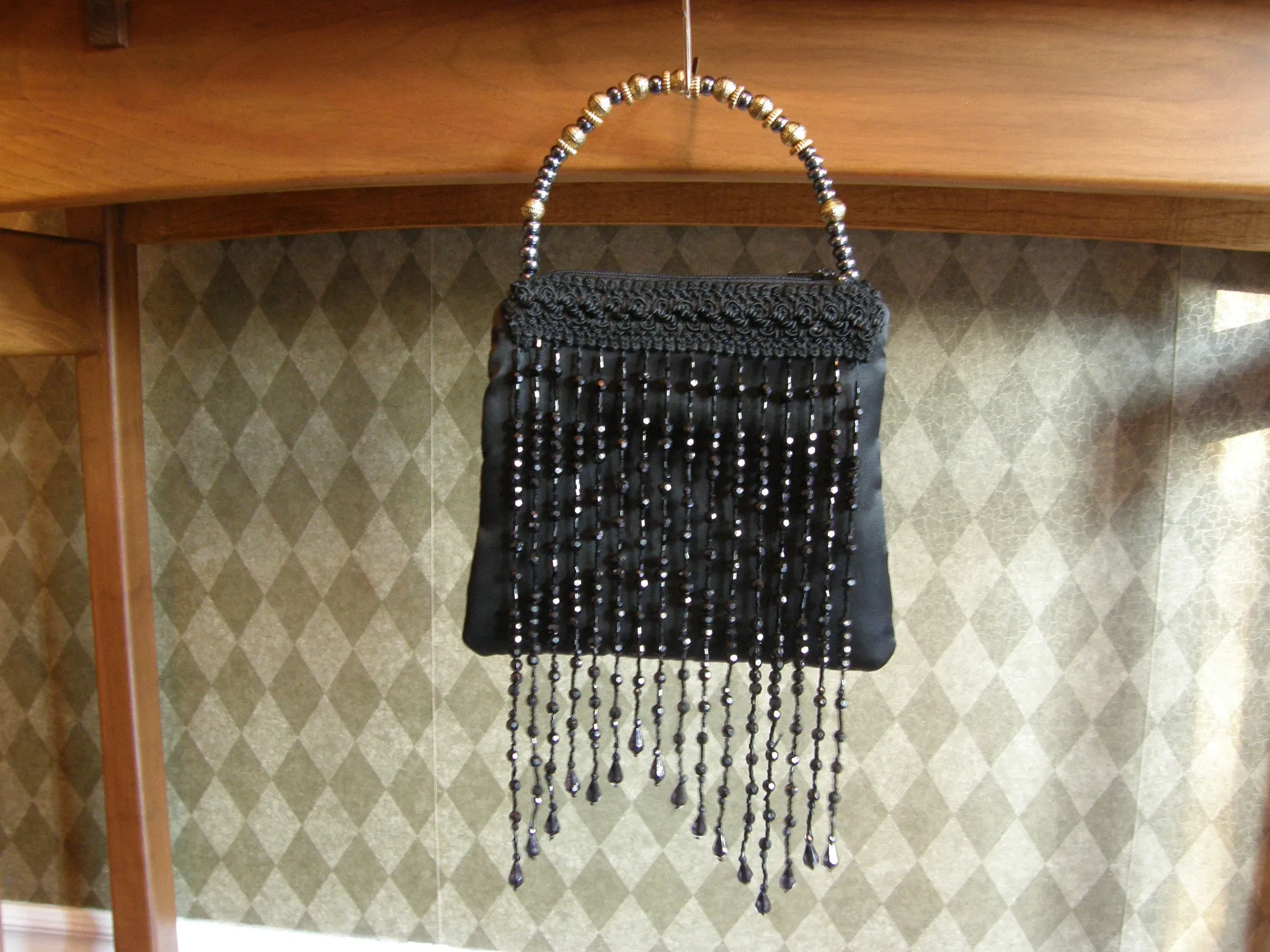 Black Satin Evening Bag with Beaded Fringe