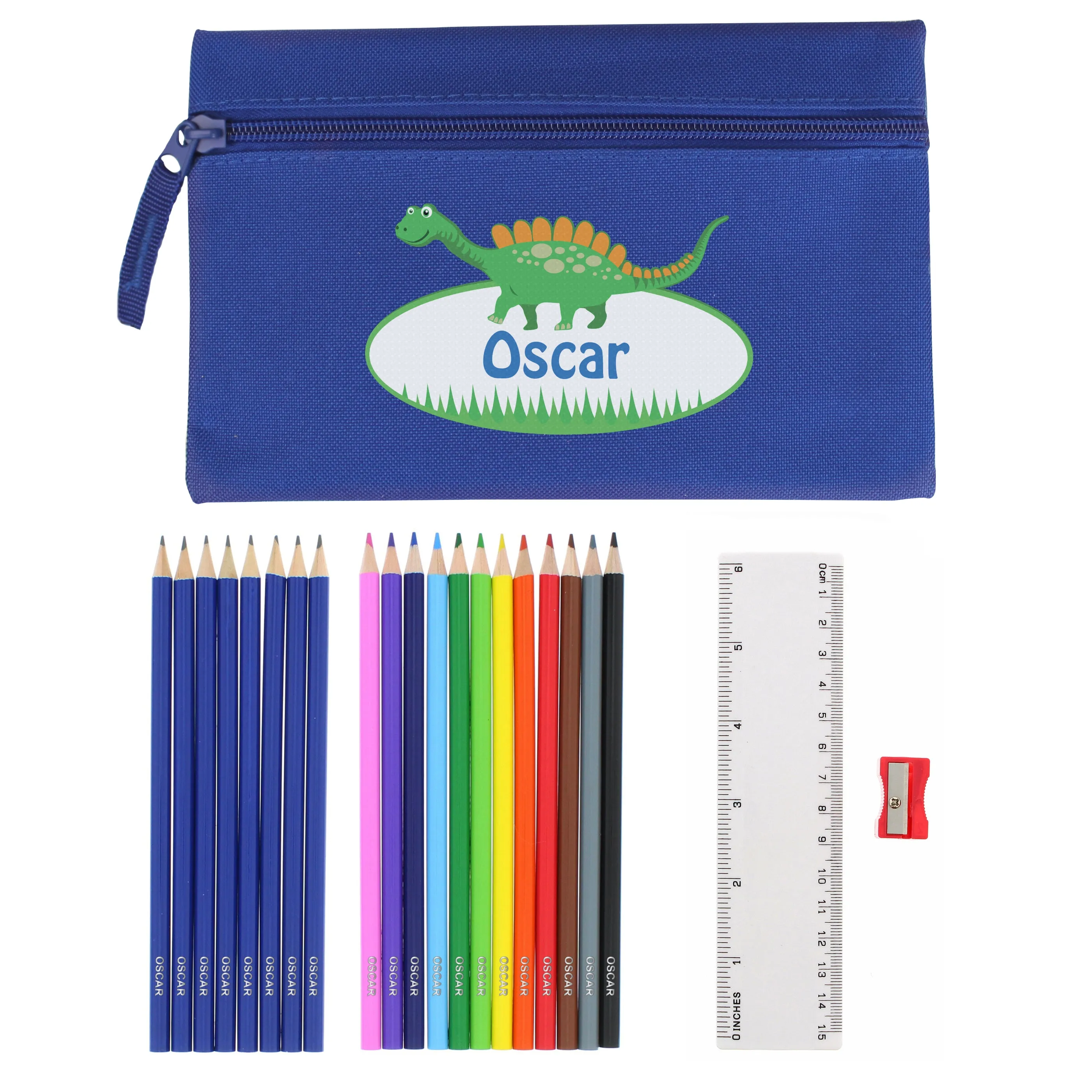 Blue Dinosaur Pencil Case with Personalised Pencils & Crayons