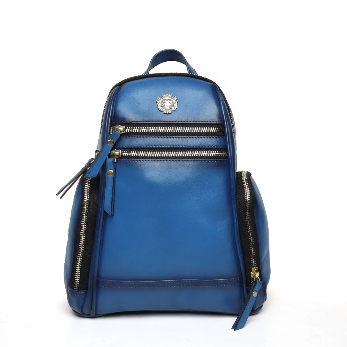 Blue Leather Signature Metal Lion Women Backpack By Brune & Bareskin