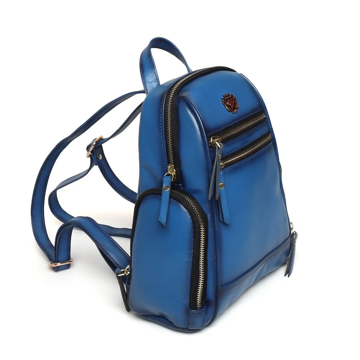 Blue Leather Signature Metal Lion Women Backpack By Brune & Bareskin