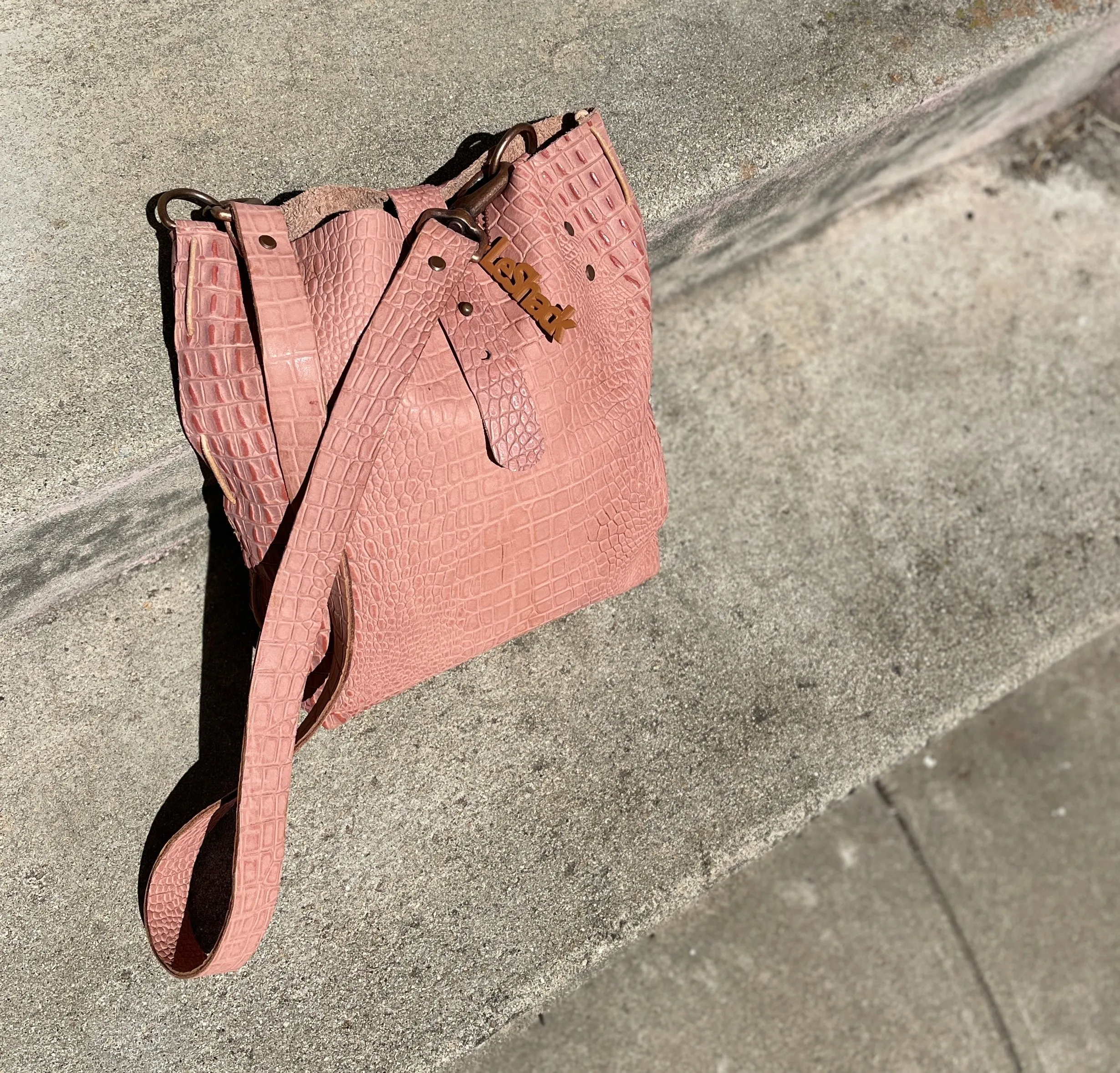 Blush Pink Reptile Embossed Leather Crossbody Bag