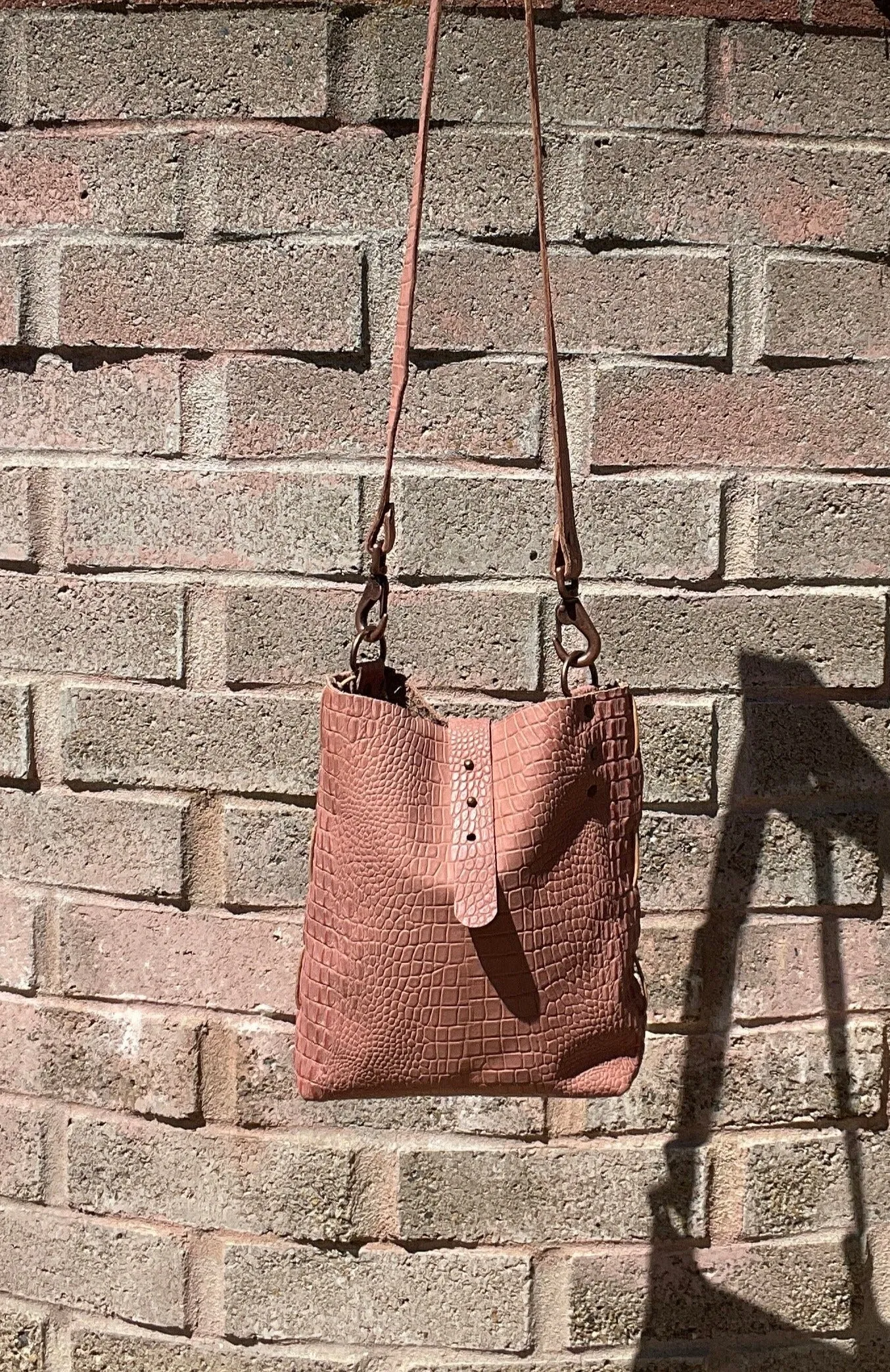 Blush Pink Reptile Embossed Leather Crossbody Bag