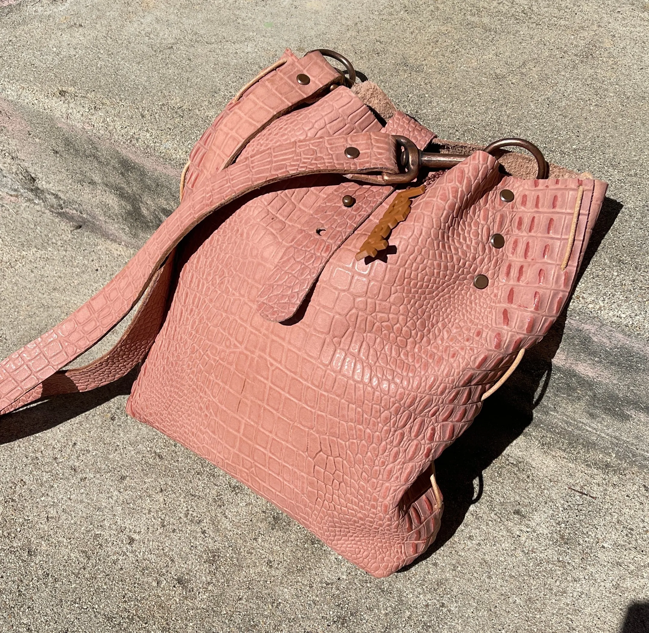 Blush Pink Reptile Embossed Leather Crossbody Bag