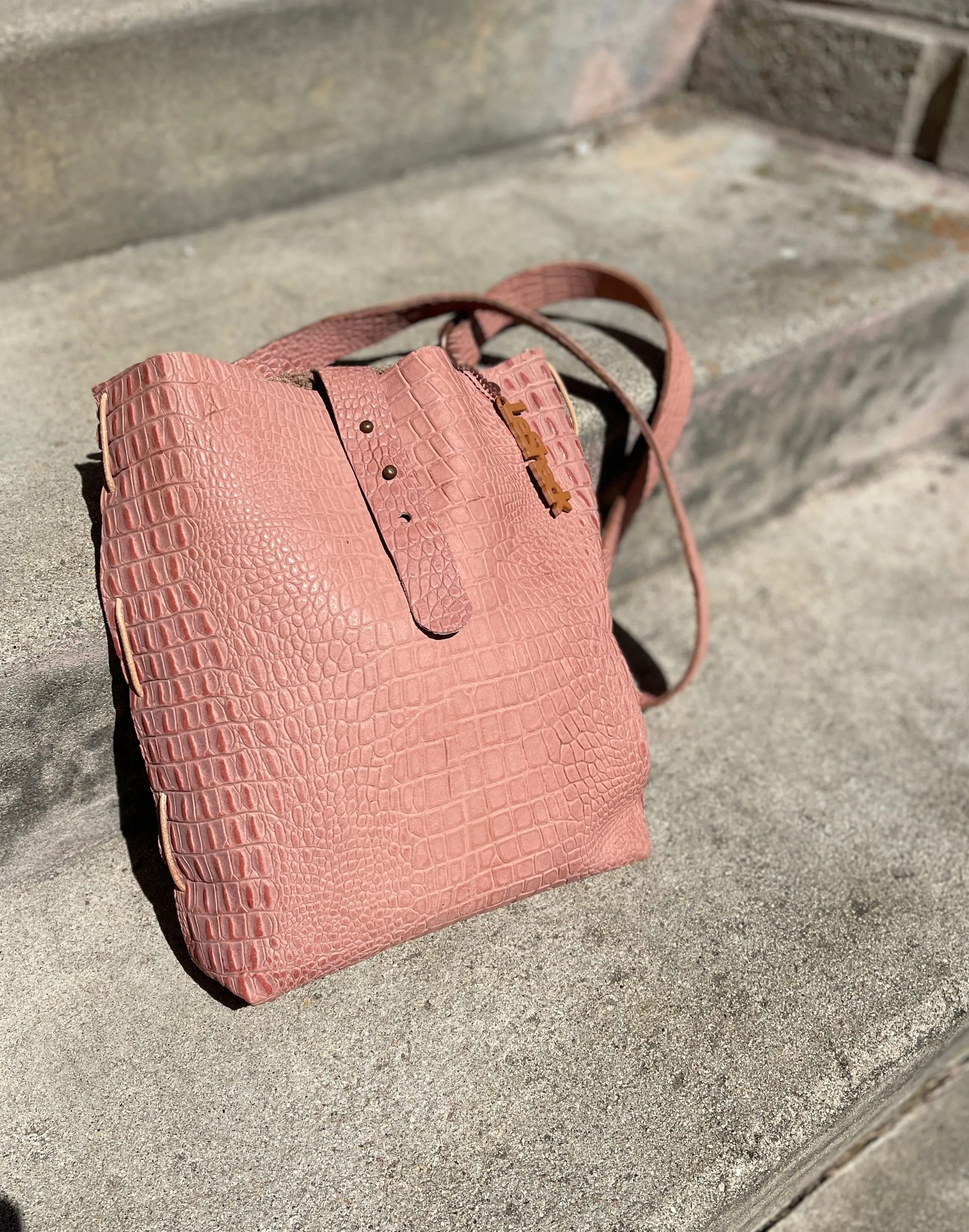 Blush Pink Reptile Embossed Leather Crossbody Bag