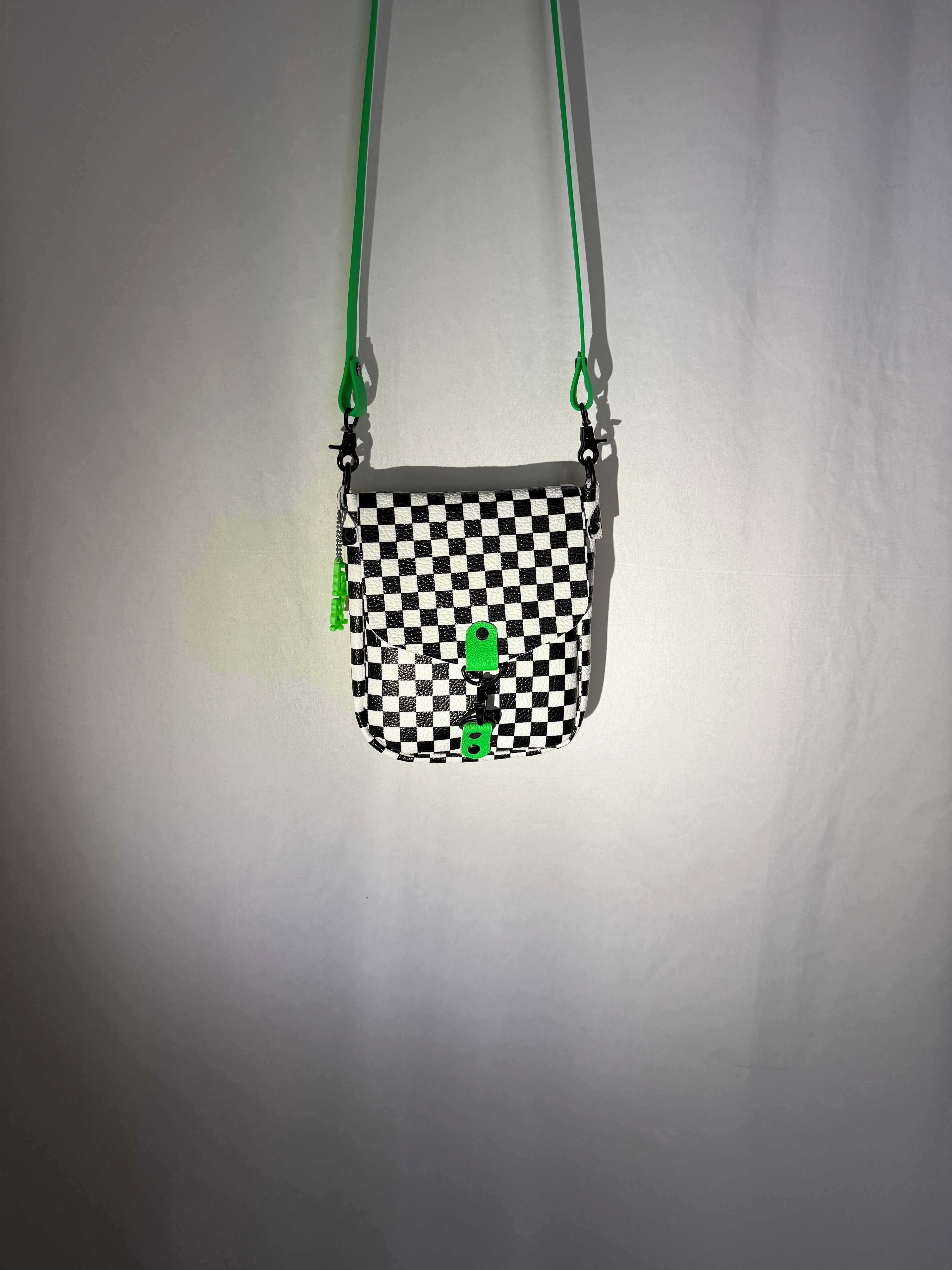 Checkerboard and Neon Green Flap Crossbody Bag