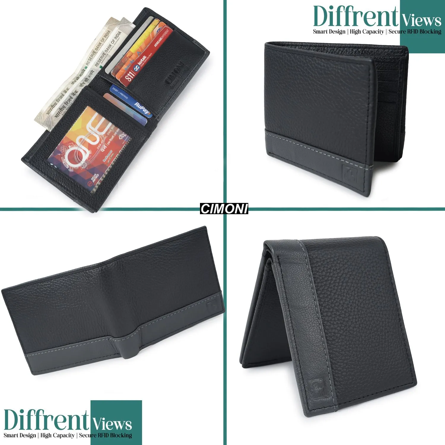 CIMONI Genuine Leather Classic Black Ultra Strong Stitching |12 Credit Cards Slot Wallet for Men