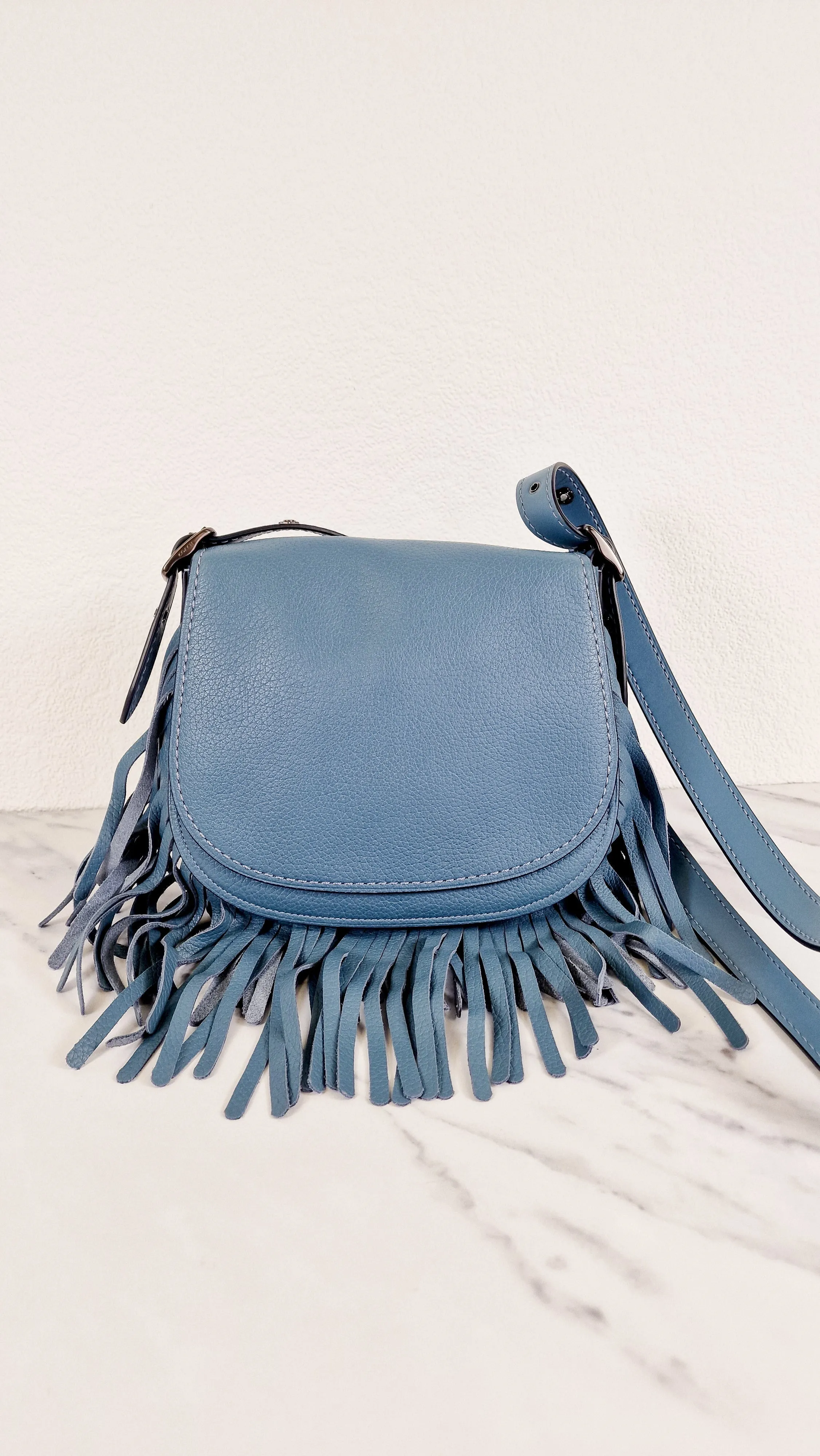 Coach 1941 Saddle 23 with Fringe in Blue Pebbled Leather with Tea Rose Detail - Crossbody Flap Bag - Coach 29240