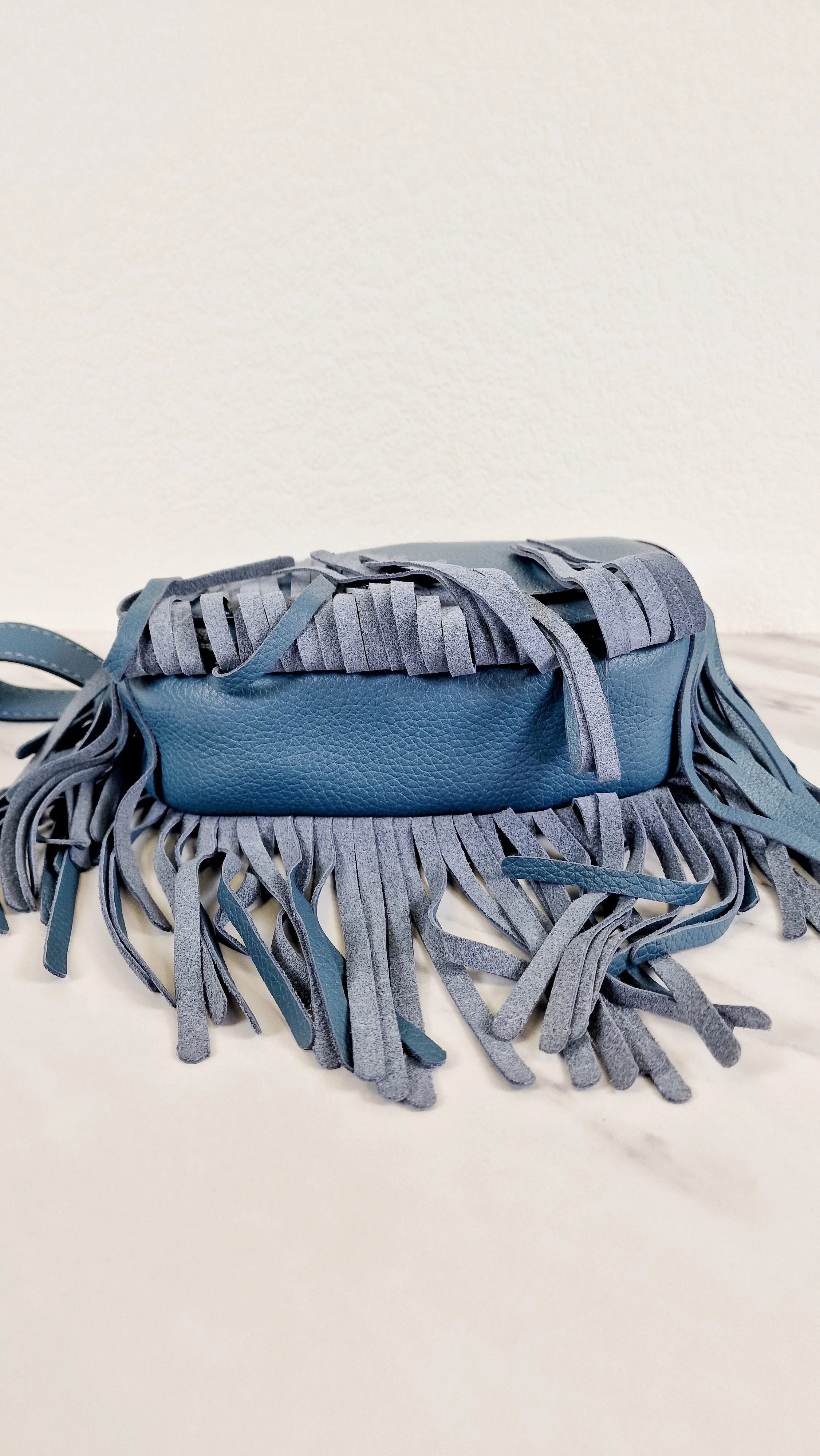 Coach 1941 Saddle 23 with Fringe in Blue Pebbled Leather with Tea Rose Detail - Crossbody Flap Bag - Coach 29240