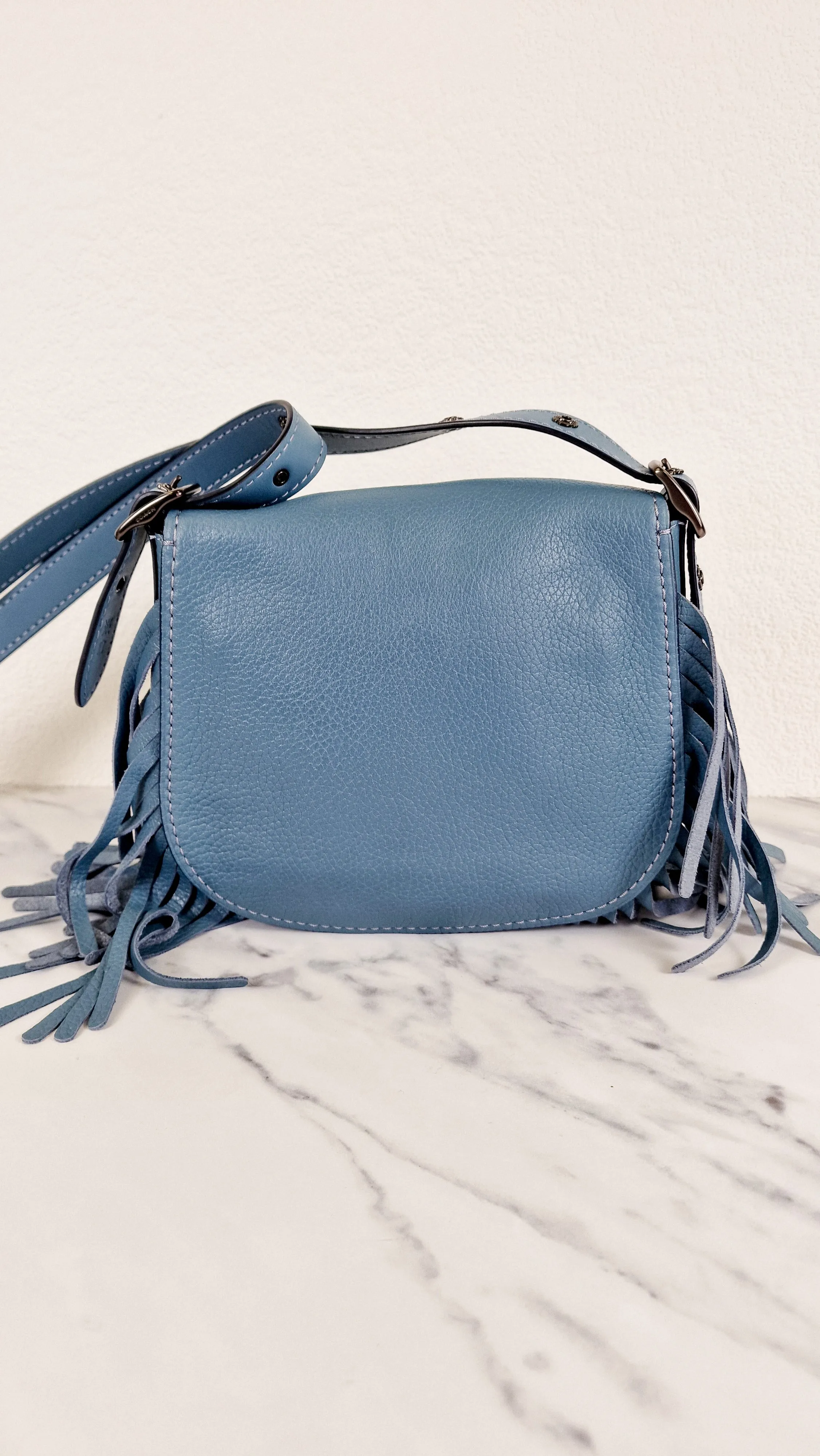 Coach 1941 Saddle 23 with Fringe in Blue Pebbled Leather with Tea Rose Detail - Crossbody Flap Bag - Coach 29240