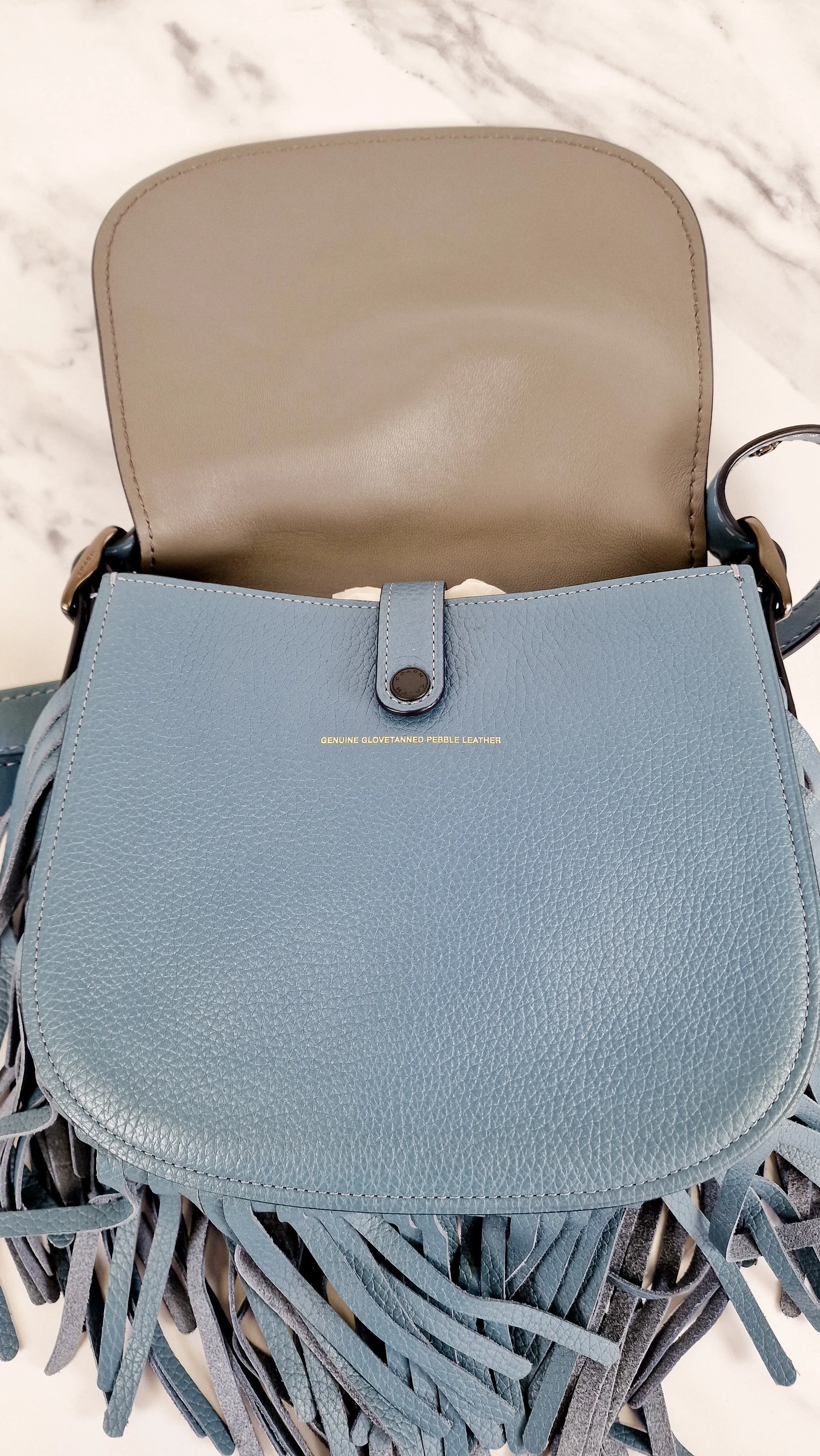 Coach 1941 Saddle 23 with Fringe in Blue Pebbled Leather with Tea Rose Detail - Crossbody Flap Bag - Coach 29240