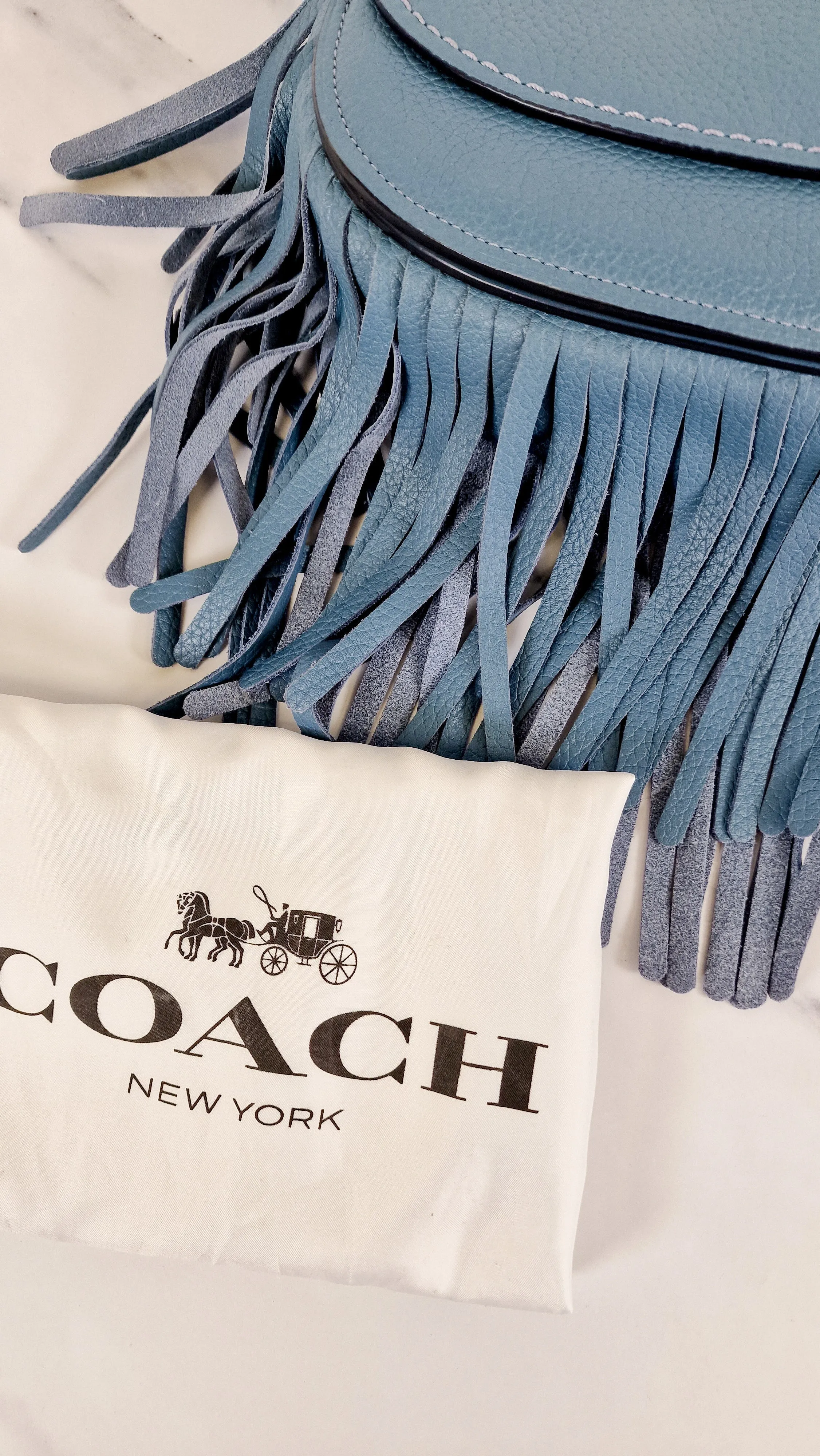 Coach 1941 Saddle 23 with Fringe in Blue Pebbled Leather with Tea Rose Detail - Crossbody Flap Bag - Coach 29240