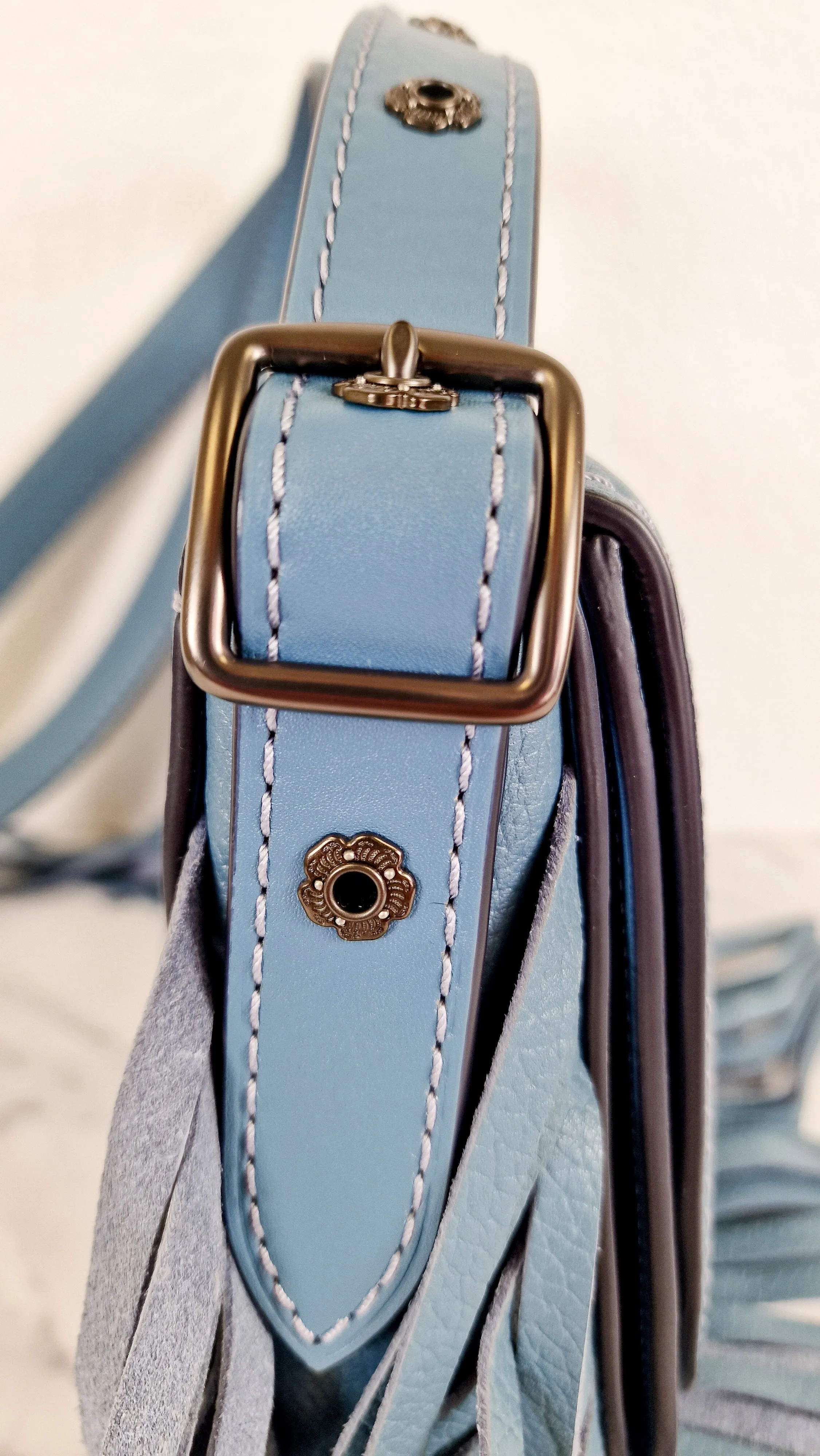 Coach 1941 Saddle 23 with Fringe in Blue Pebbled Leather with Tea Rose Detail - Crossbody Flap Bag - Coach 29240