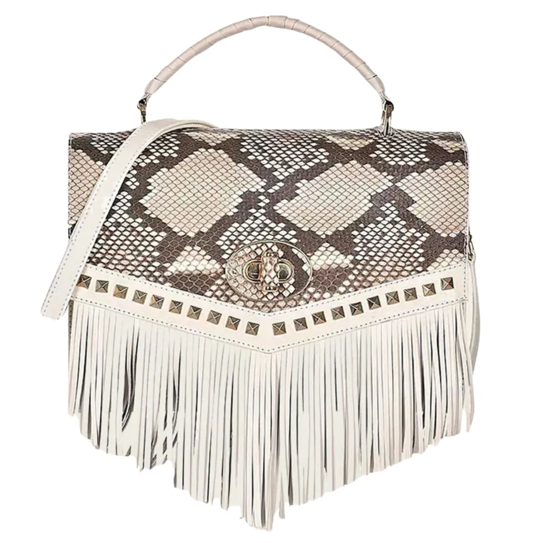 Cuadra DU568 LD Plunge Natural Python Studs & Fringe Bag