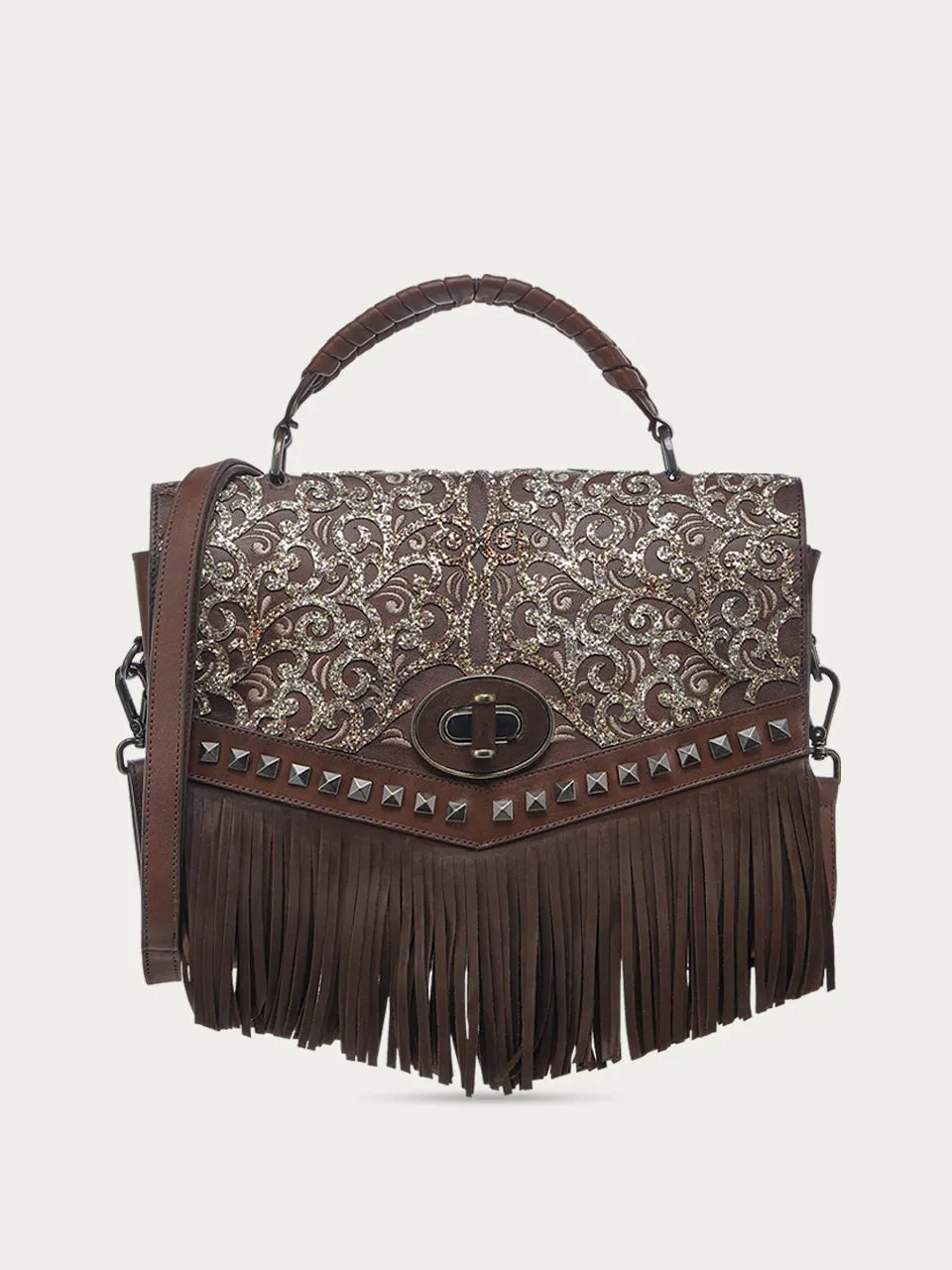 D1348 - LADIES CHOCOLATE FRINGE AND OVERLAY GLITTLER SADDLE BAG