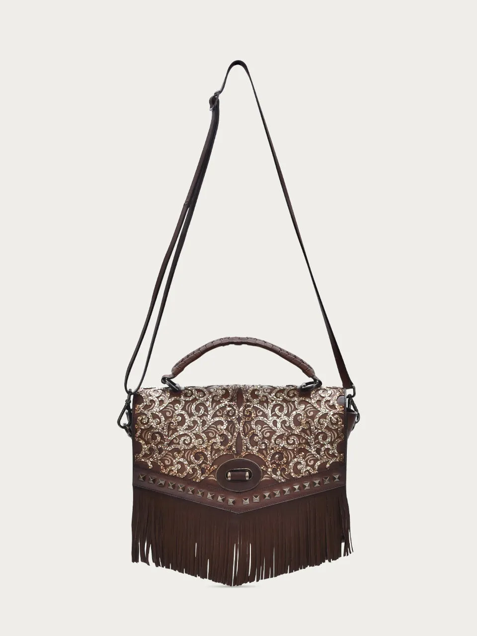 D1348 - LADIES CHOCOLATE FRINGE AND OVERLAY GLITTLER SADDLE BAG