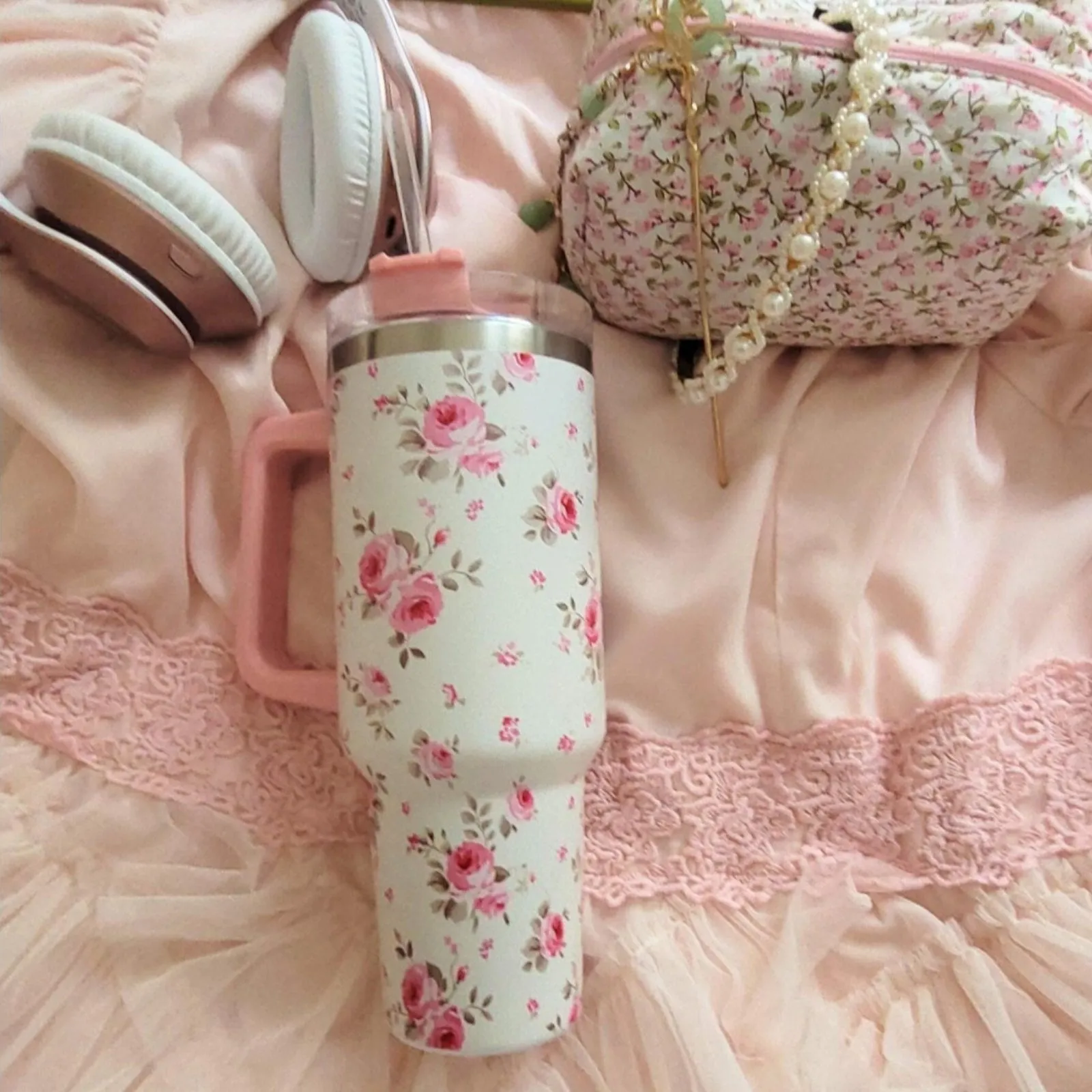 Floral Patterned Tumbler With Handle