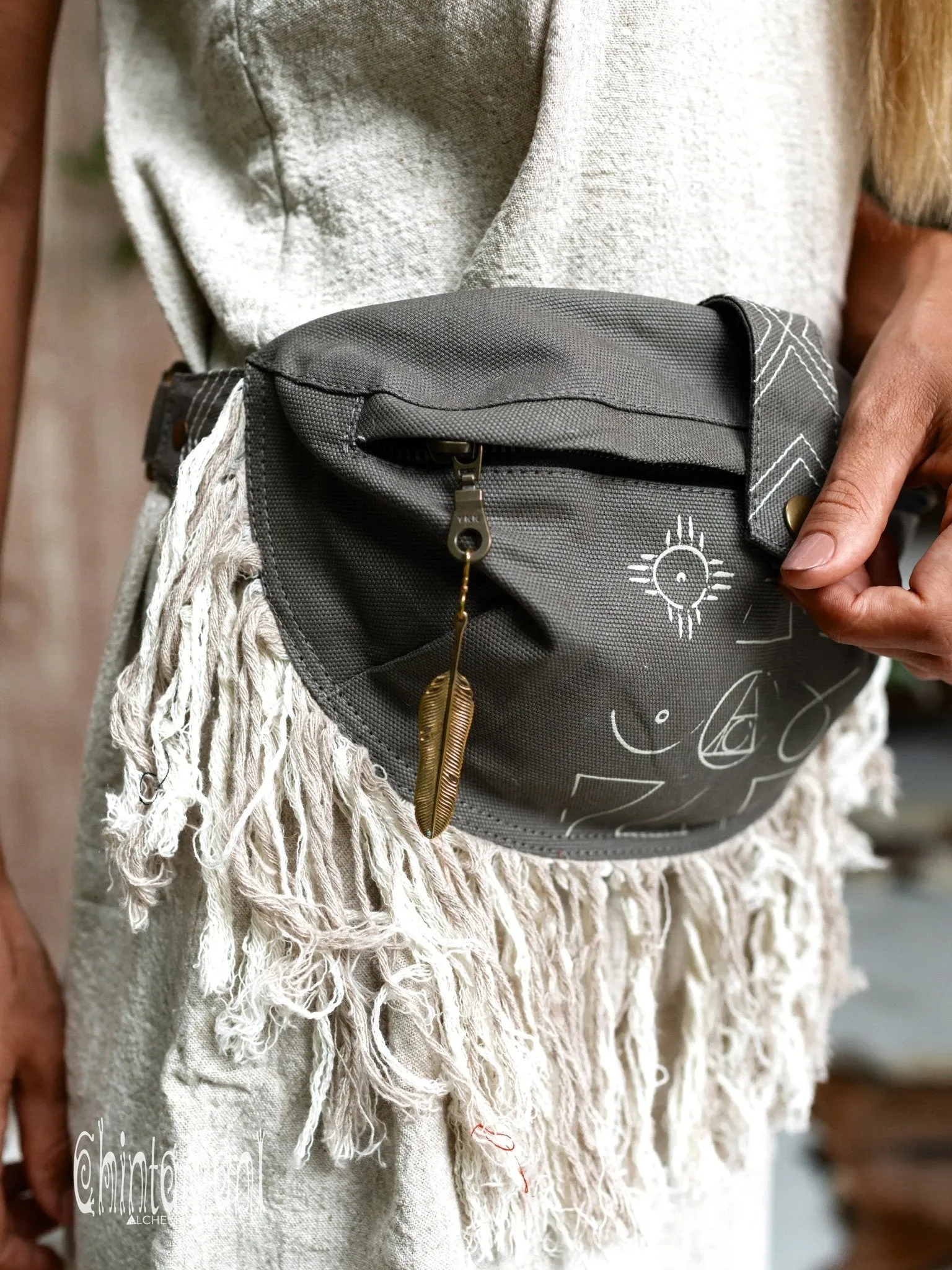 Fringe Cotton Canvas Banana Fanny Pack / Waist Bum Bag / Dark Gray