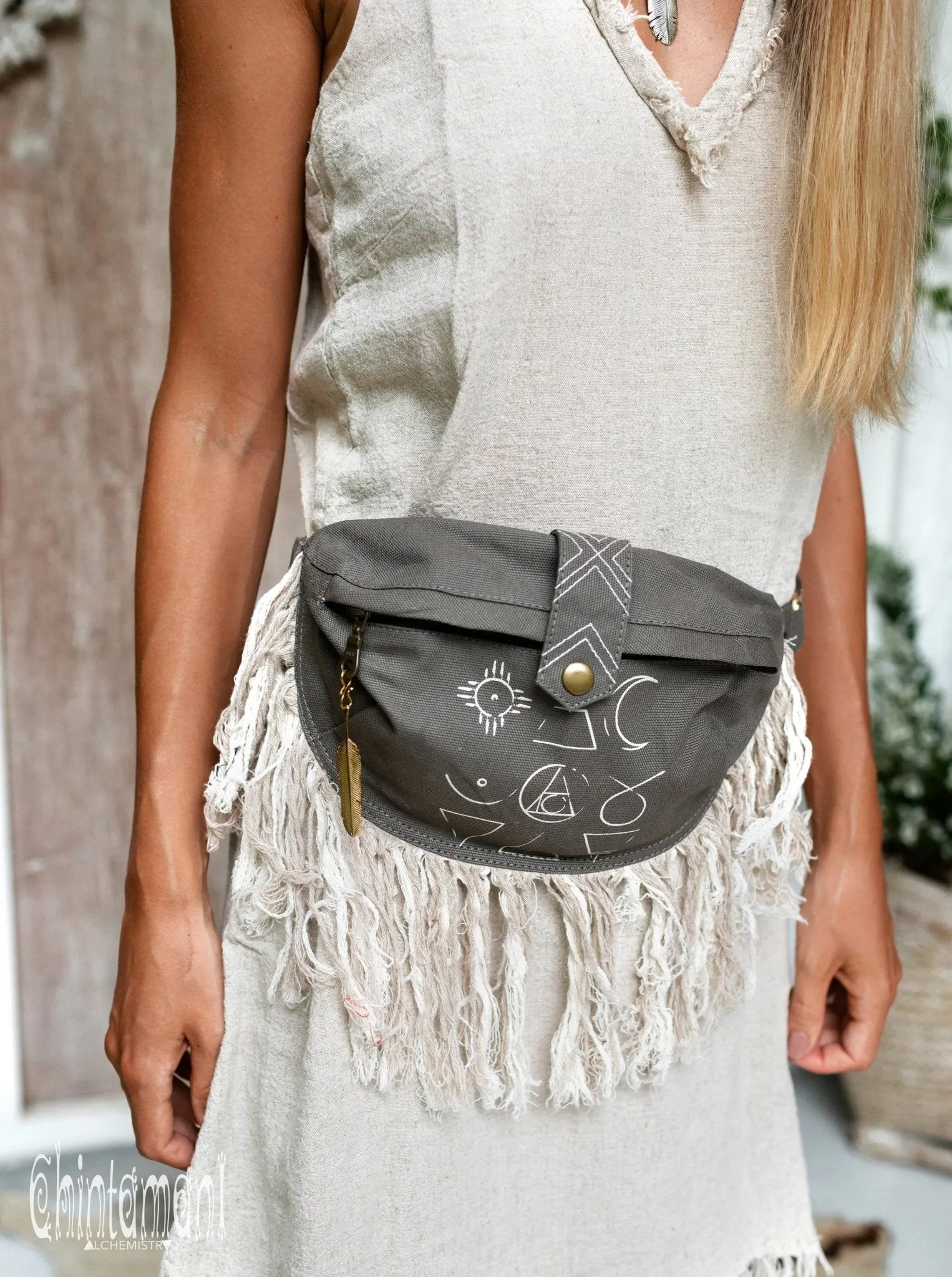 Fringe Cotton Canvas Banana Fanny Pack / Waist Bum Bag / Dark Gray