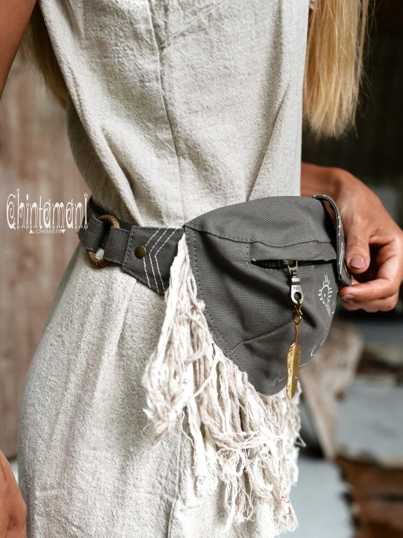 Fringe Cotton Canvas Banana Fanny Pack / Waist Bum Bag / Dark Gray