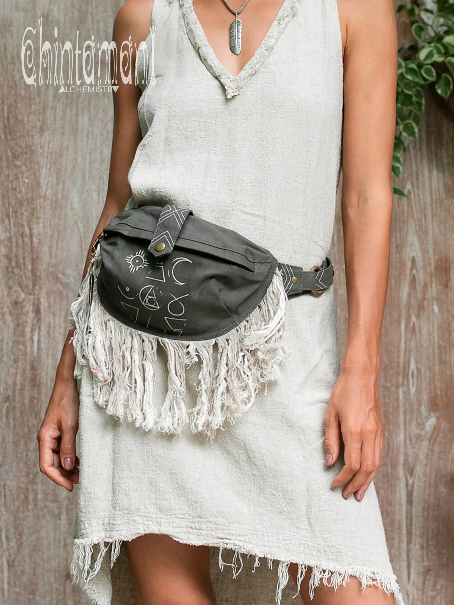 Fringe Cotton Canvas Banana Fanny Pack / Waist Bum Bag / Dark Gray