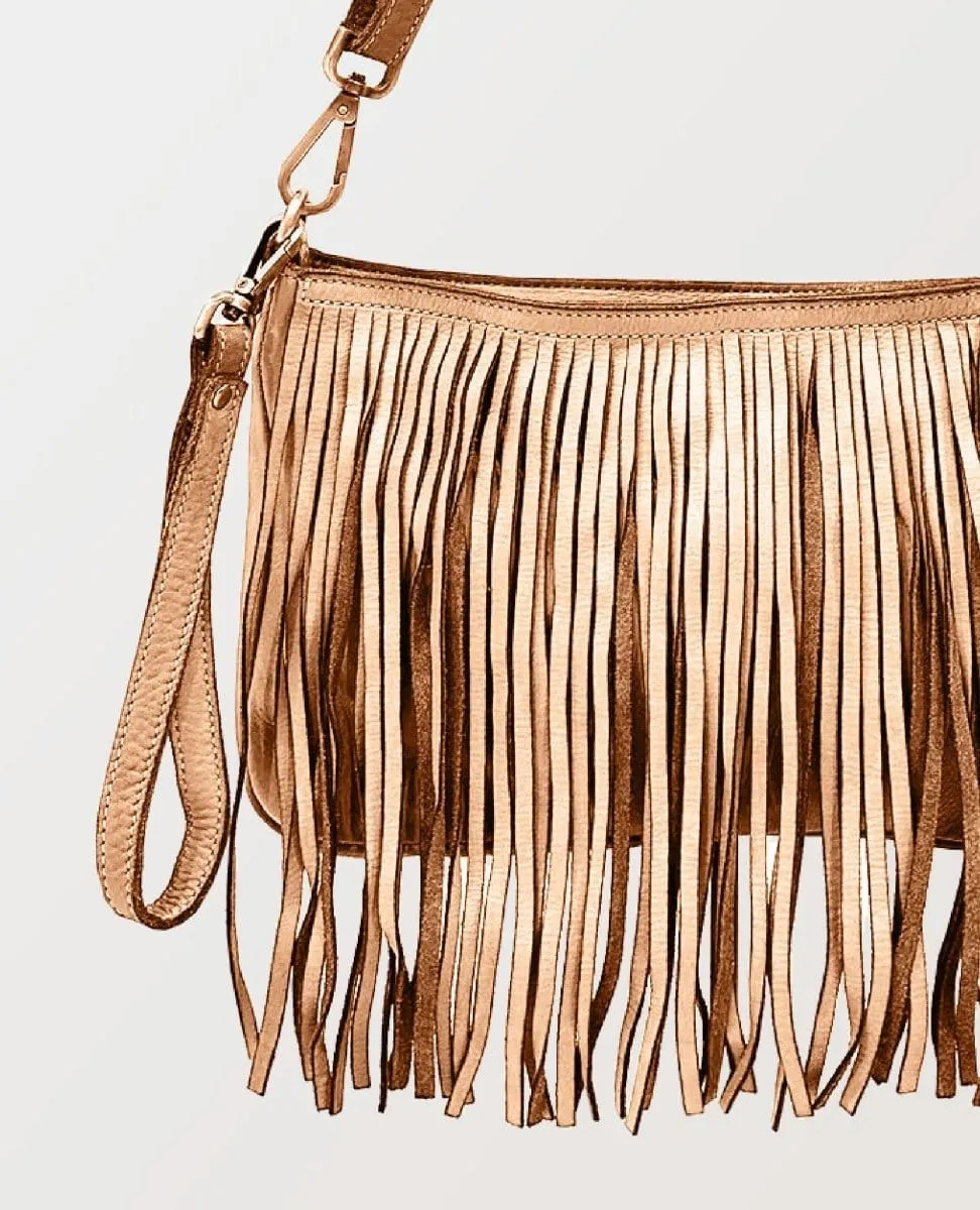 Fringe Light Taupe Leather Crossbody