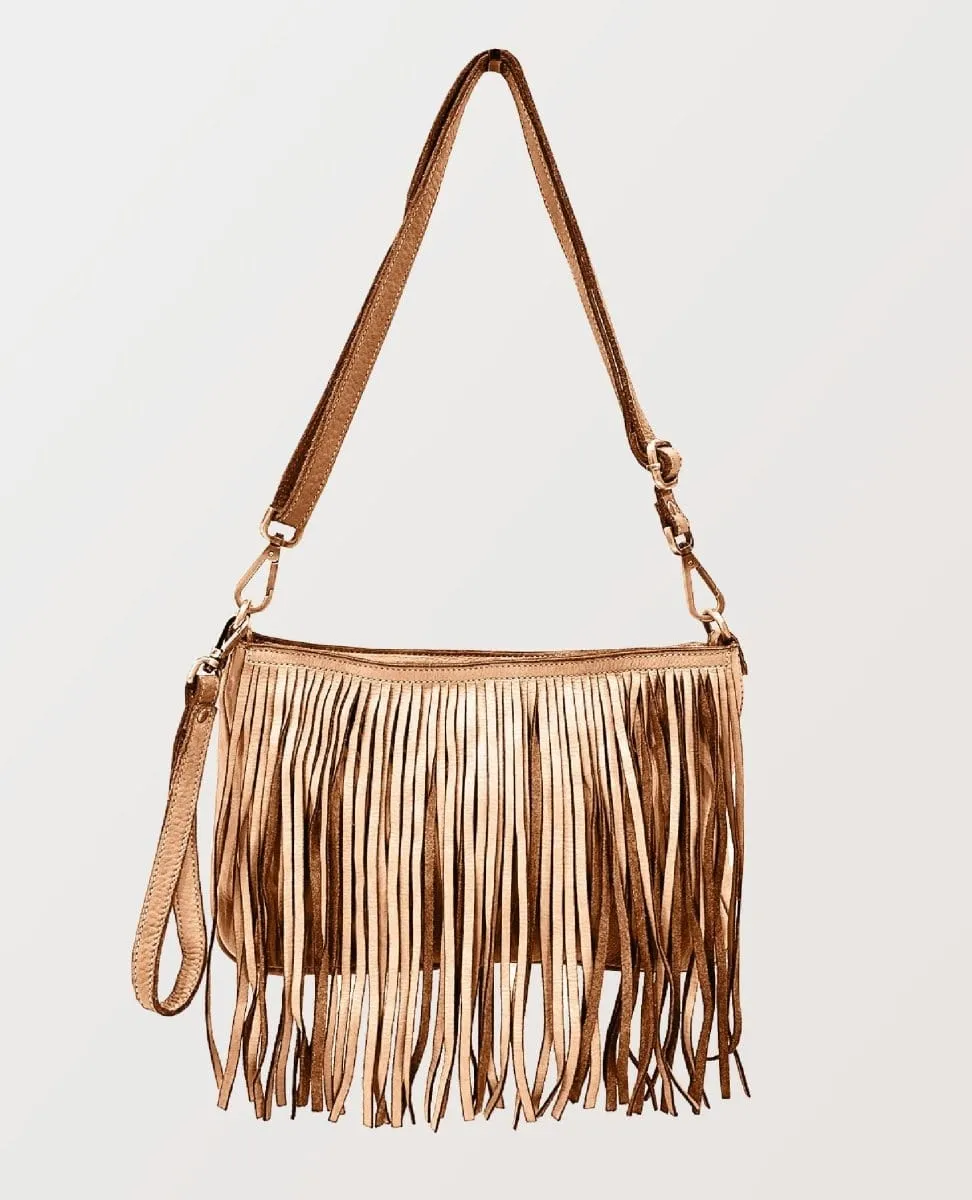 Fringe Light Taupe Leather Crossbody