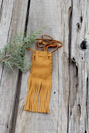 Fringed leather medicine bag, necklace amulet pouch