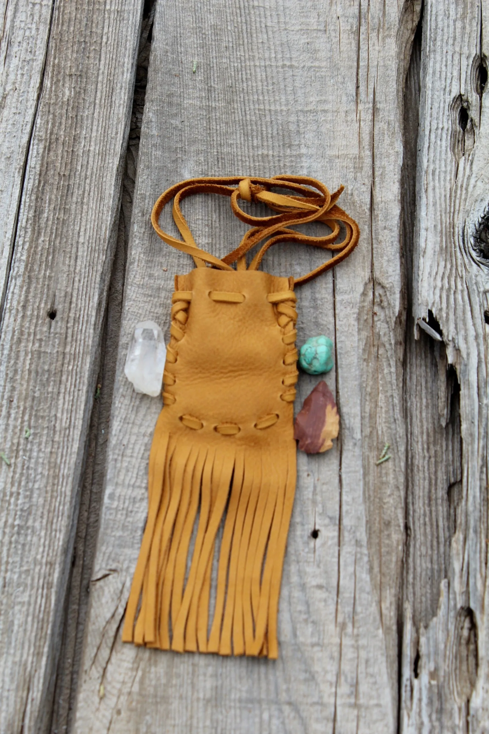 Fringed leather medicine bag, necklace amulet pouch