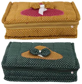 Fun Homes Cotton Multipurpose 7 Pocket Dot Printed Jewellery Storage Bag Pouch/Travel Kit Organizer (Gold)-Pack of 2-FHUNH15441