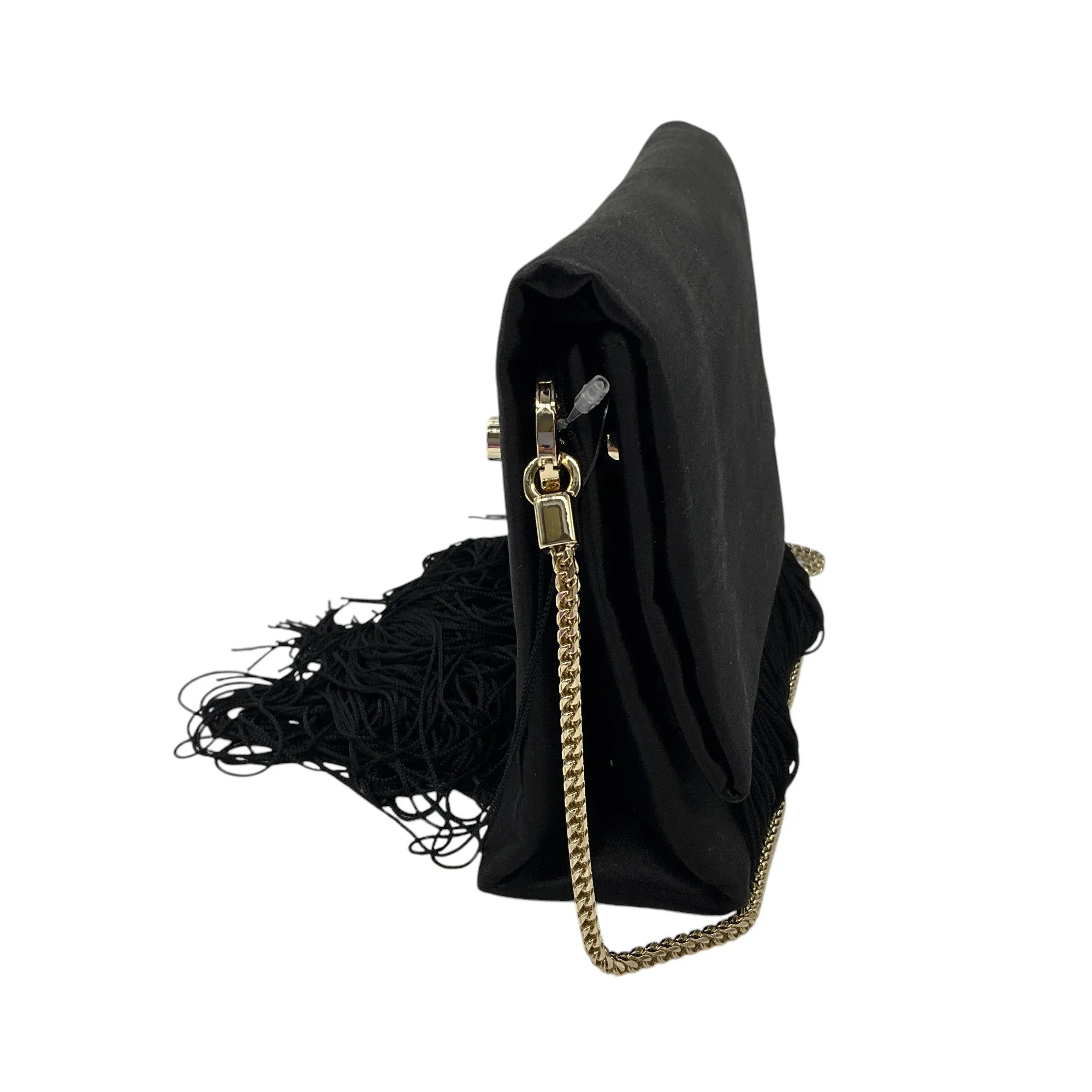 Galvan London Black / Gold Chain Strap Fringe Satin Handbag