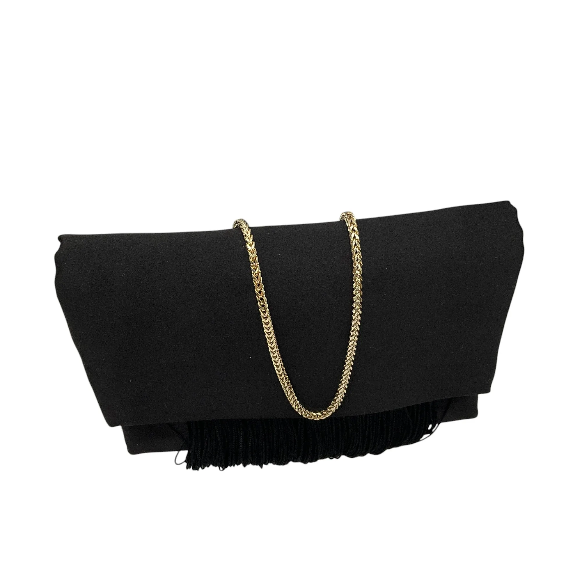 Galvan London Black / Gold Chain Strap Fringe Satin Handbag