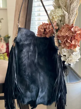 Genuine Antelope - Black Leather Bucket Shoulder Bag w/Fringe