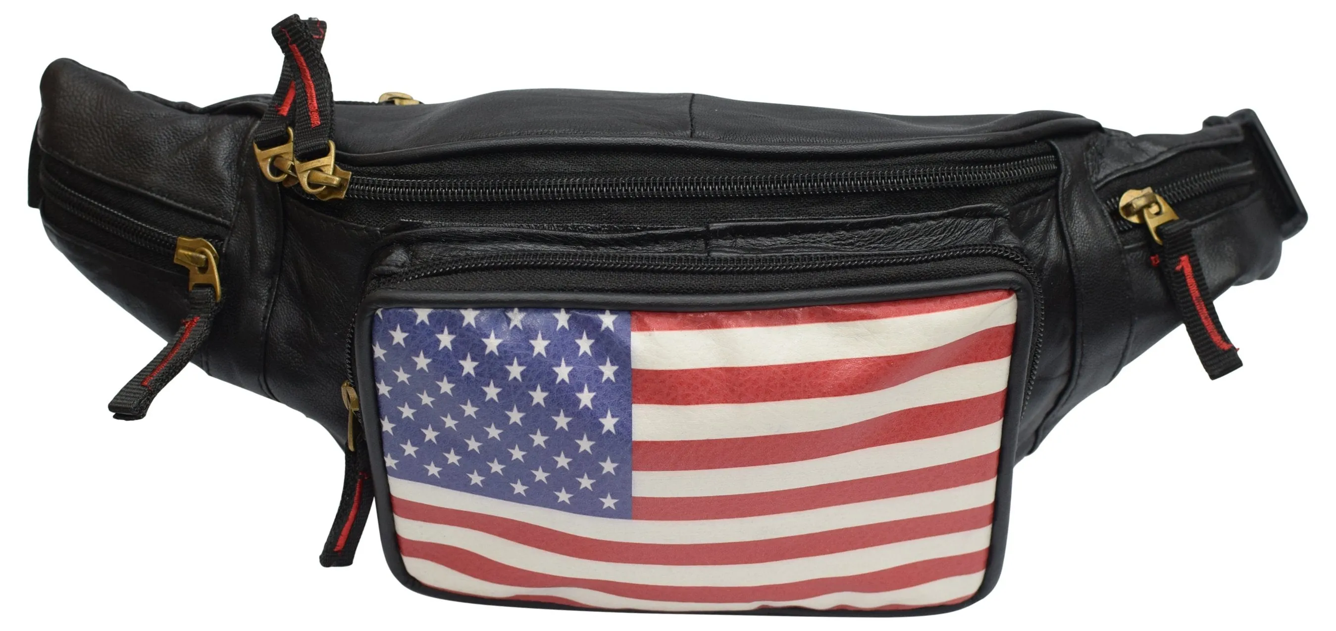 Genuine Leather USA Flag Fanny Pack with Bottle Holder, America Stars & Stripes Waist Bag 050USA