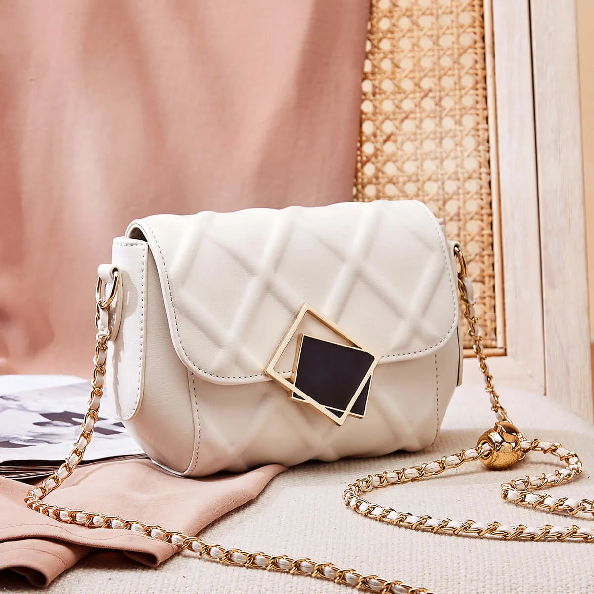 Geometric Lock Quilted Shoulder Bag