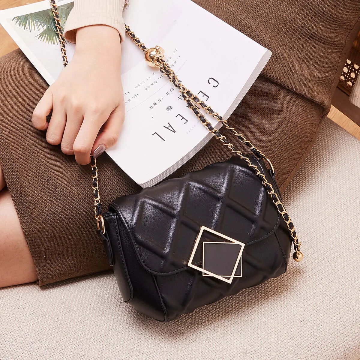 Geometric Lock Quilted Shoulder Bag