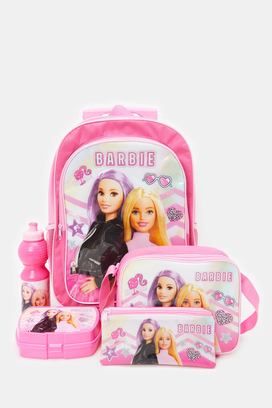 Girls Pink Barbie Print Trolley Set (5 Piece)