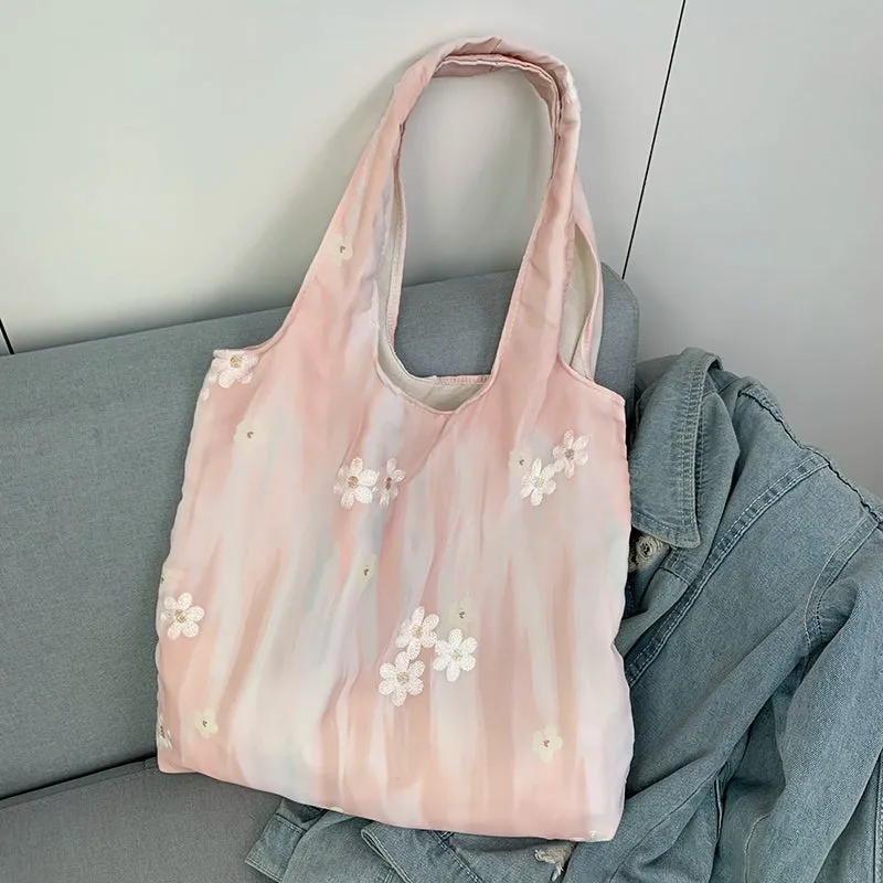 Gradient Print Embroidered Canvas Shoulder Bag